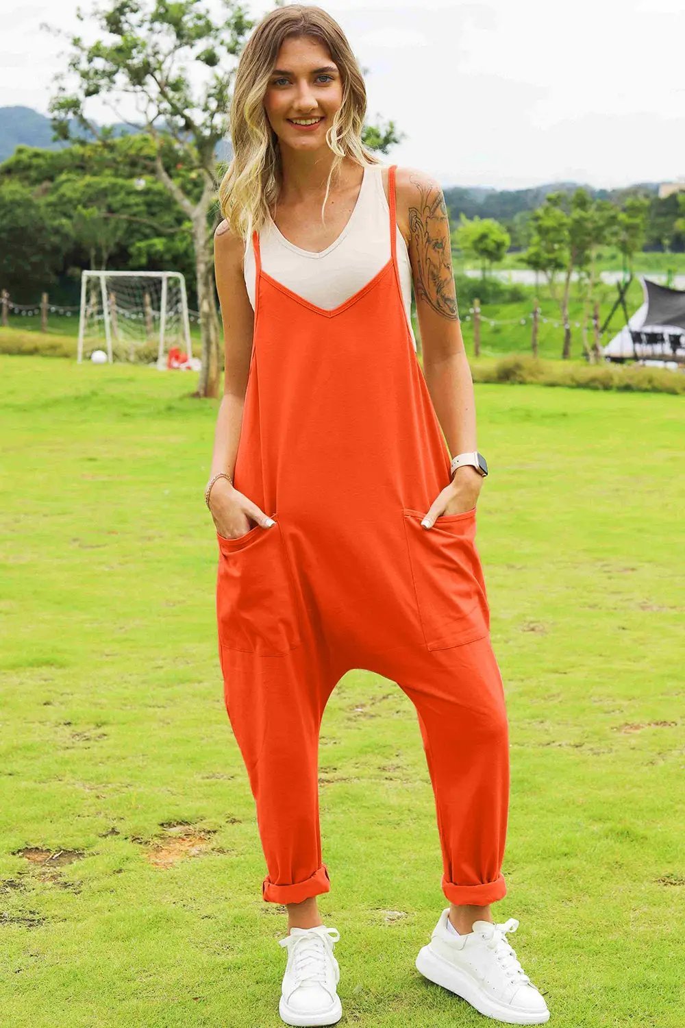 Double Take Full Size Sleeveless V - Neck Pocketed Jumpsuit - Fritsch & Co.