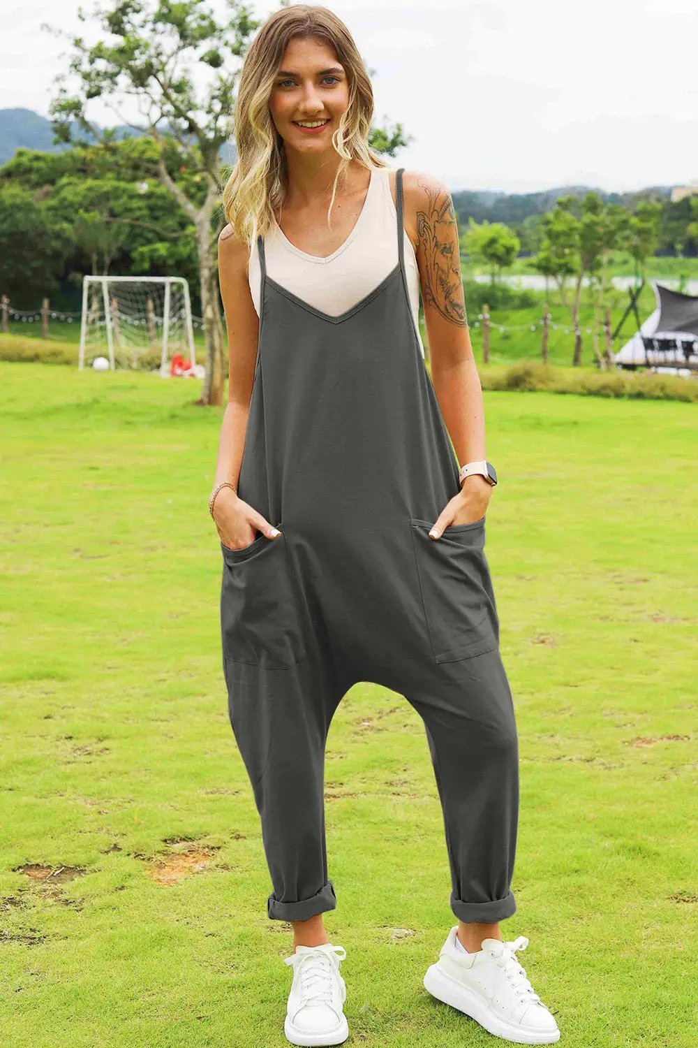 Double Take Full Size Sleeveless V - Neck Pocketed Jumpsuit - Fritsch & Co.