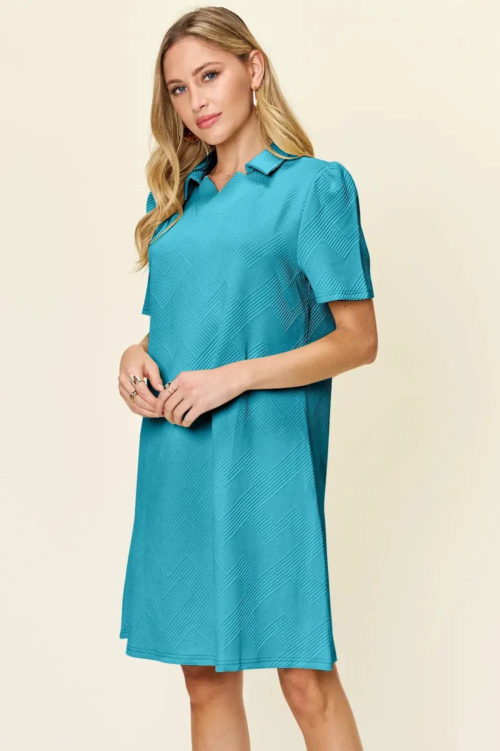 Double Take Full Size Texture Collared Neck Short Sleeve Dress - Fritsch & Co.
