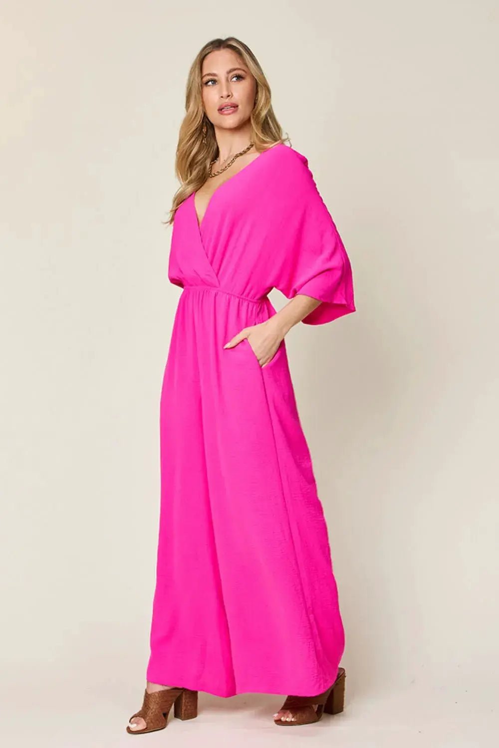 Double Take Surplice Wide Leg Jumpsuit With Pockets Full Size - Fritsch & Co.