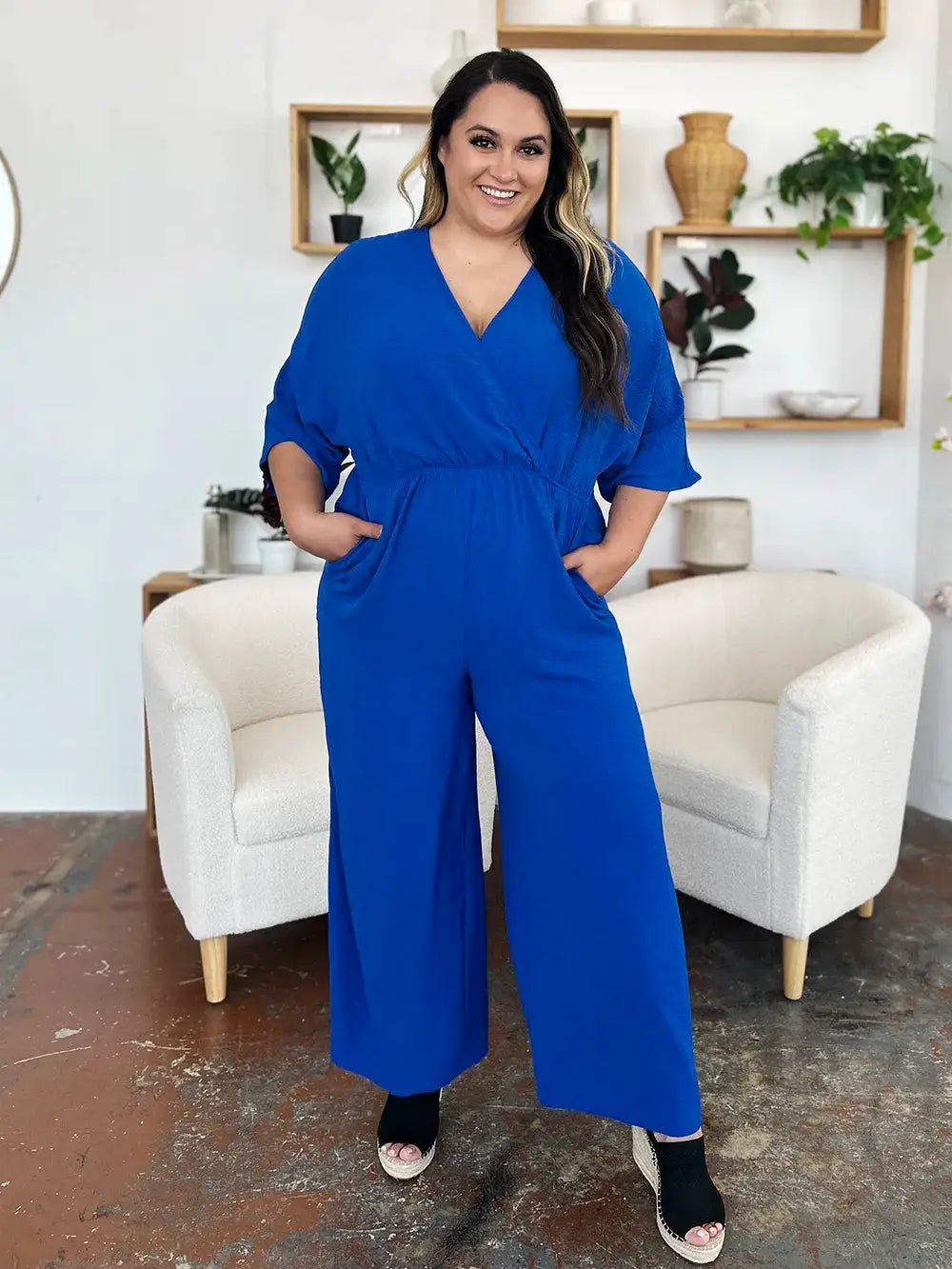Double Take Surplice Wide Leg Jumpsuit With Pockets Full Size - Fritsch & Co.