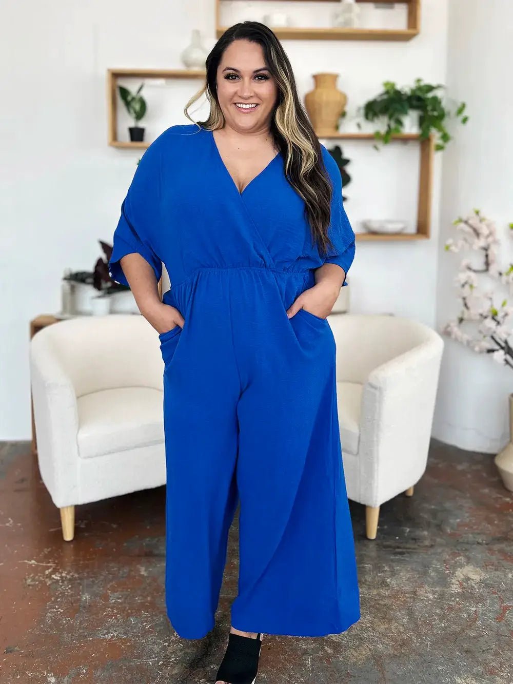 Double Take Surplice Wide Leg Jumpsuit With Pockets Full Size - Fritsch & Co.
