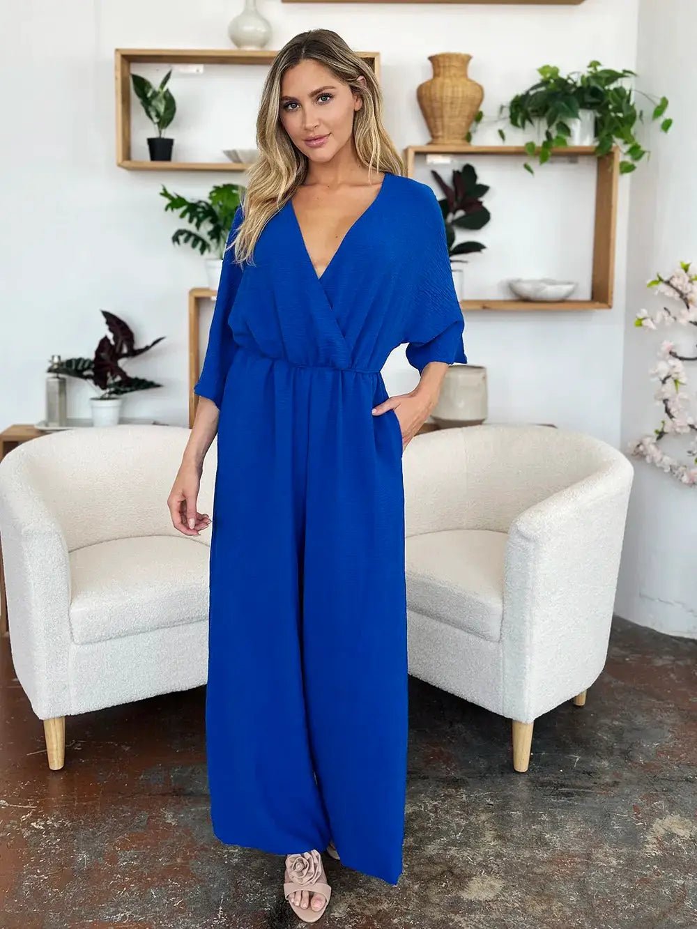 Double Take Surplice Wide Leg Jumpsuit With Pockets Full Size - Fritsch & Co.