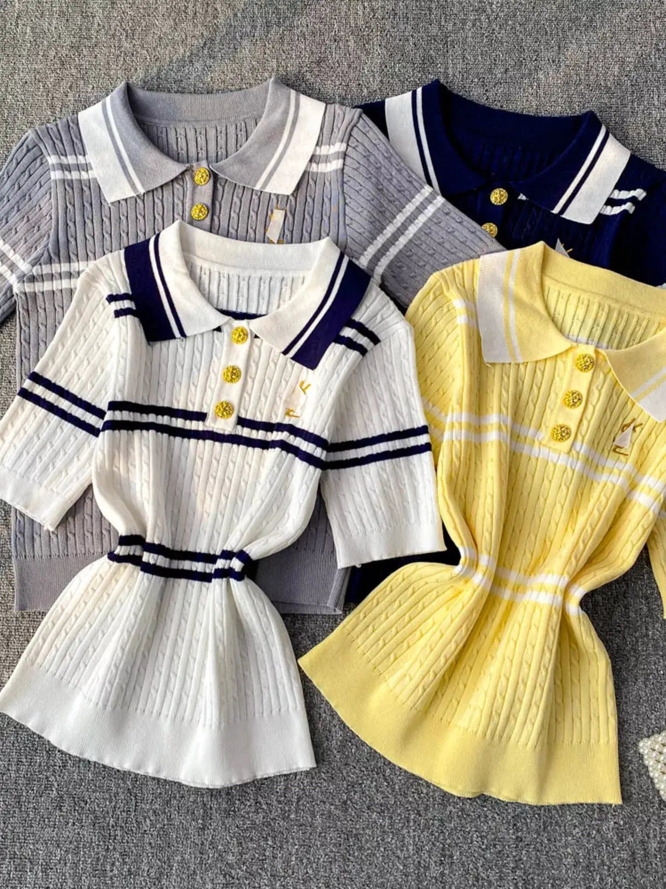Striped Knit Polo Collar Top by Trendsi