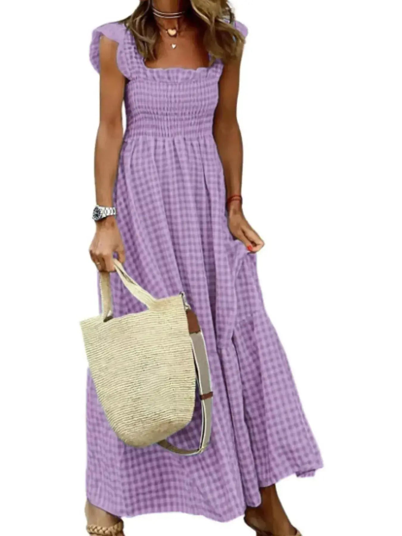 Full Size Gingham Smocked Ruffle Maxi Dress Plus Size by Trendsi