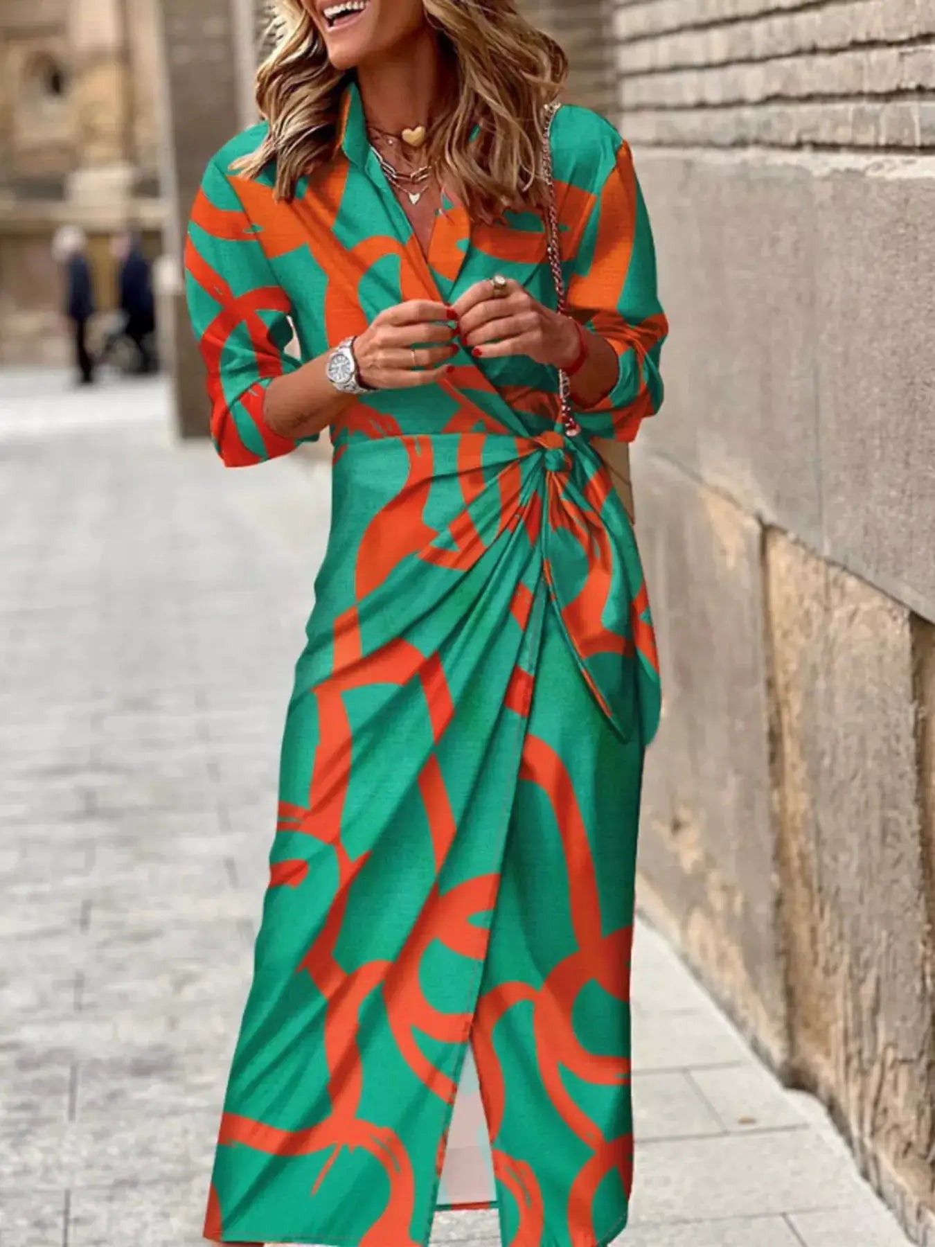 Printed Collared Neck Shirt Dress by Trendsi