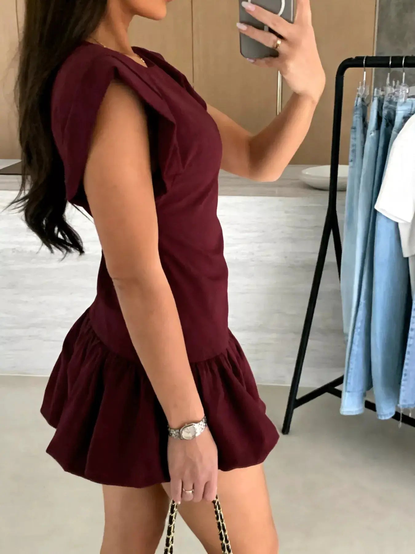 Elegant Burgundy Ruffle Hem Mini Dress With Short Sleeves - Fritsch & Co.