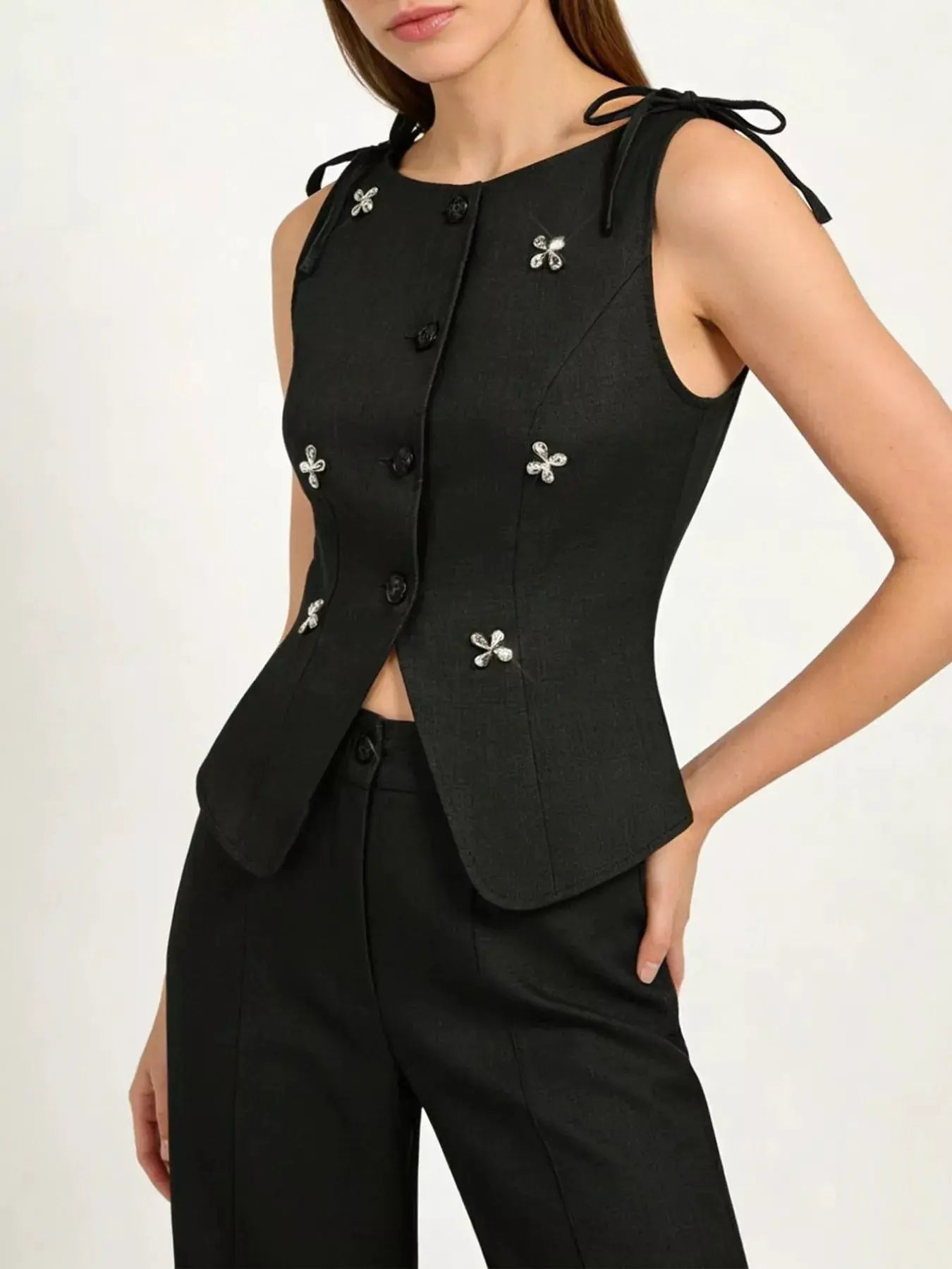 Embellished Black Button Down Vest With Rhinestone Flower Details - Fritsch & Co.