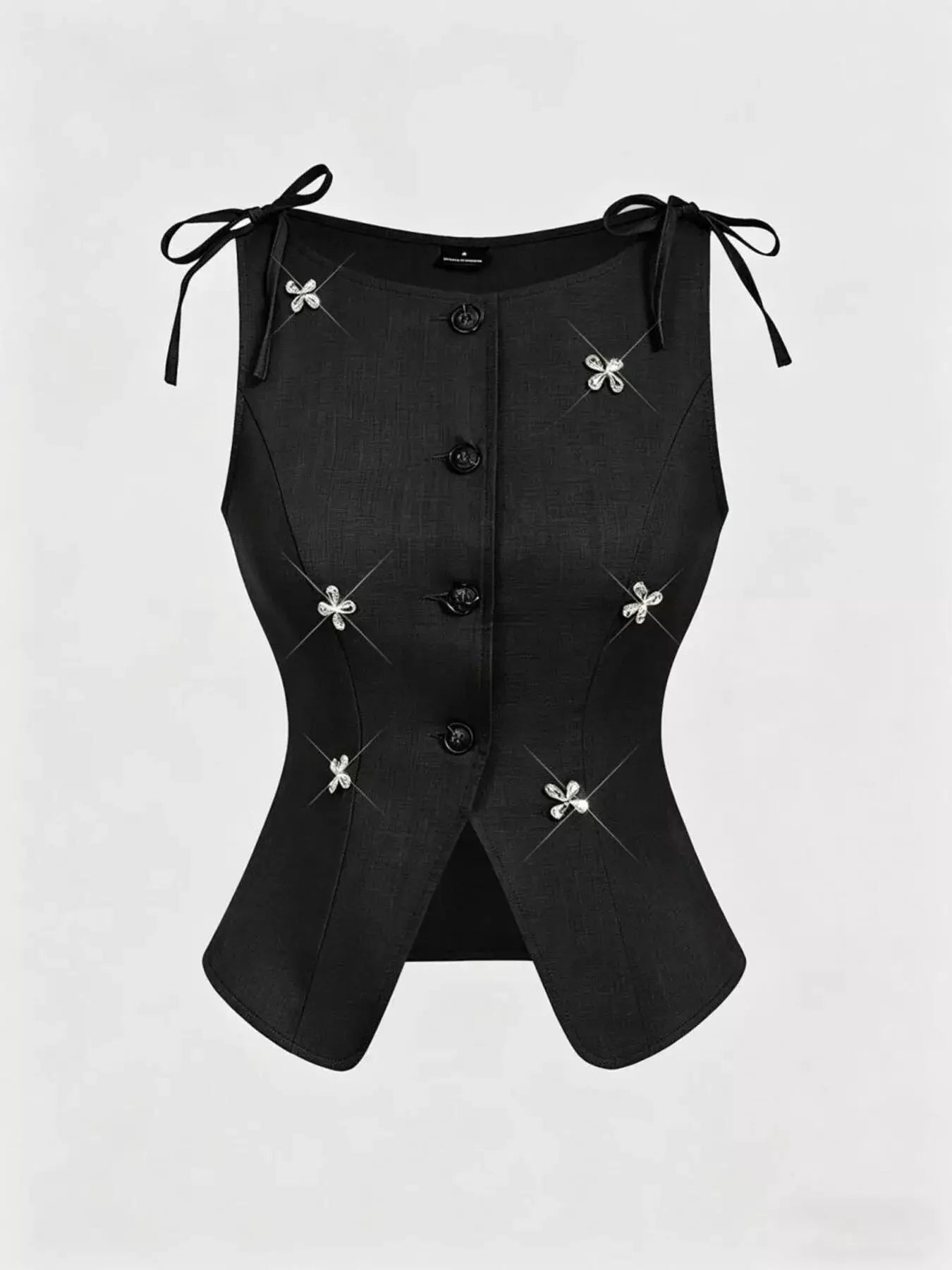Embellished Black Button Down Vest With Rhinestone Flower Details - Fritsch & Co.