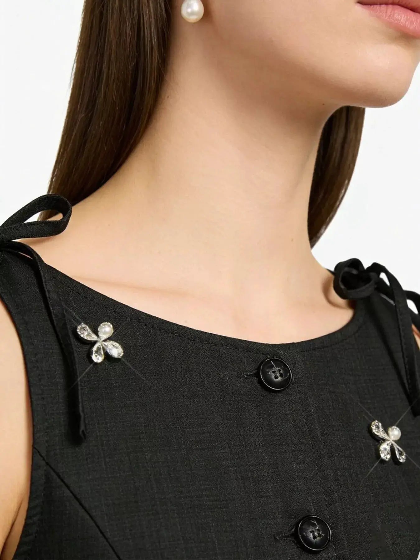 Embellished Black Button Down Vest With Rhinestone Flower Details - Fritsch & Co.