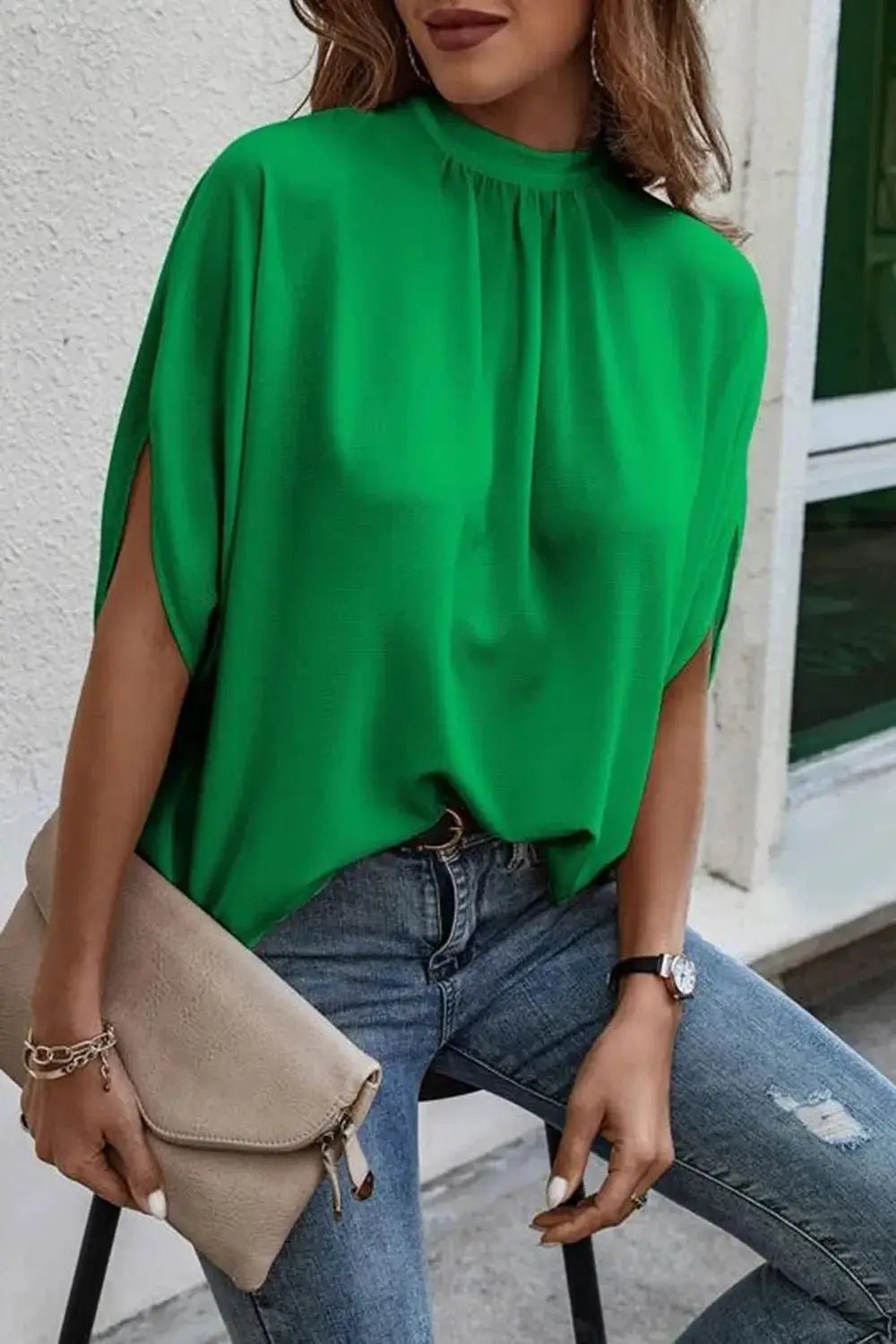 Emerald Green Tie Back Slit Half Sleeve Blouse 100 Percent Polyester - Fritsch & Co.