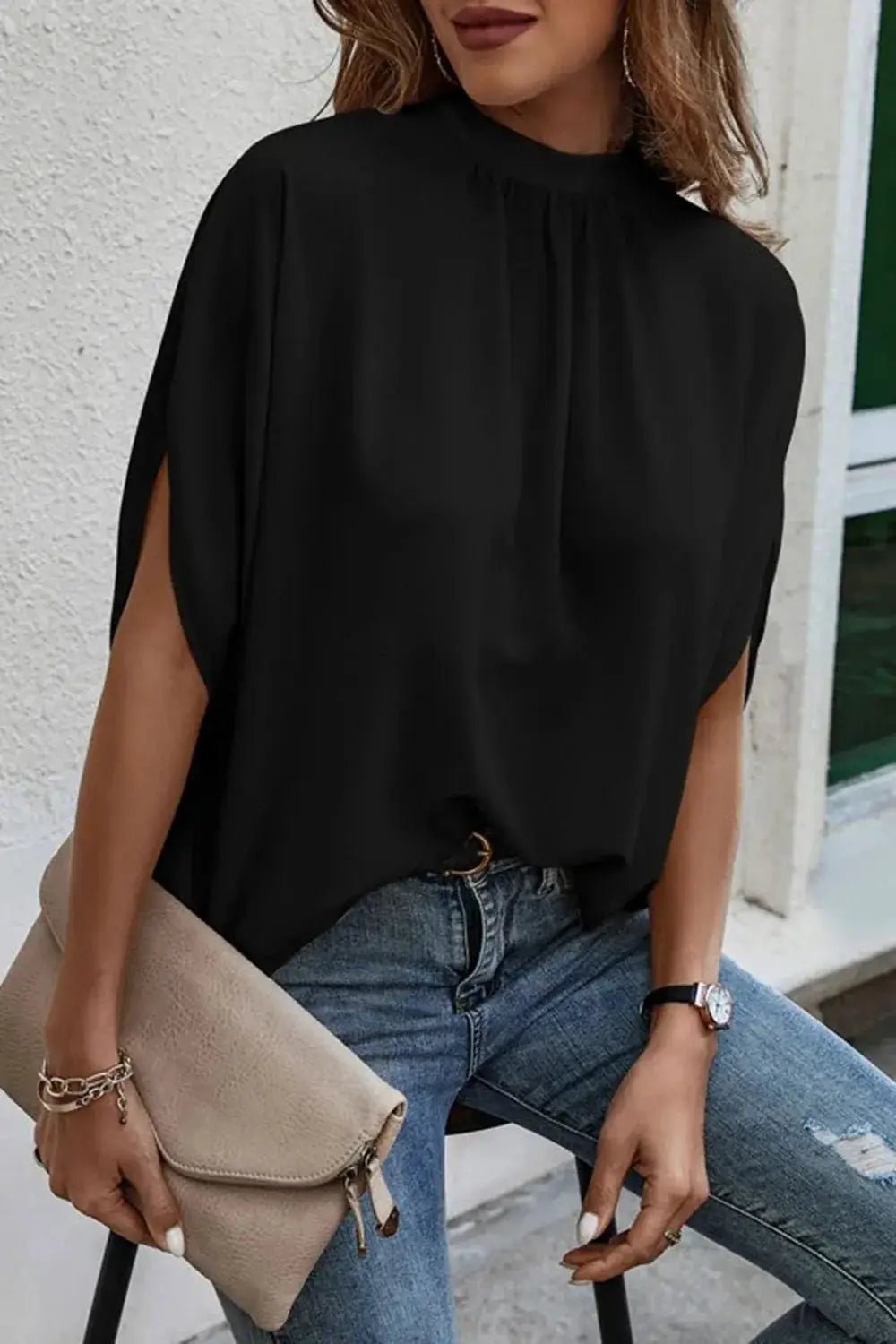 Emerald Green Tie Back Slit Half Sleeve Blouse 100 Percent Polyester - Fritsch & Co.
