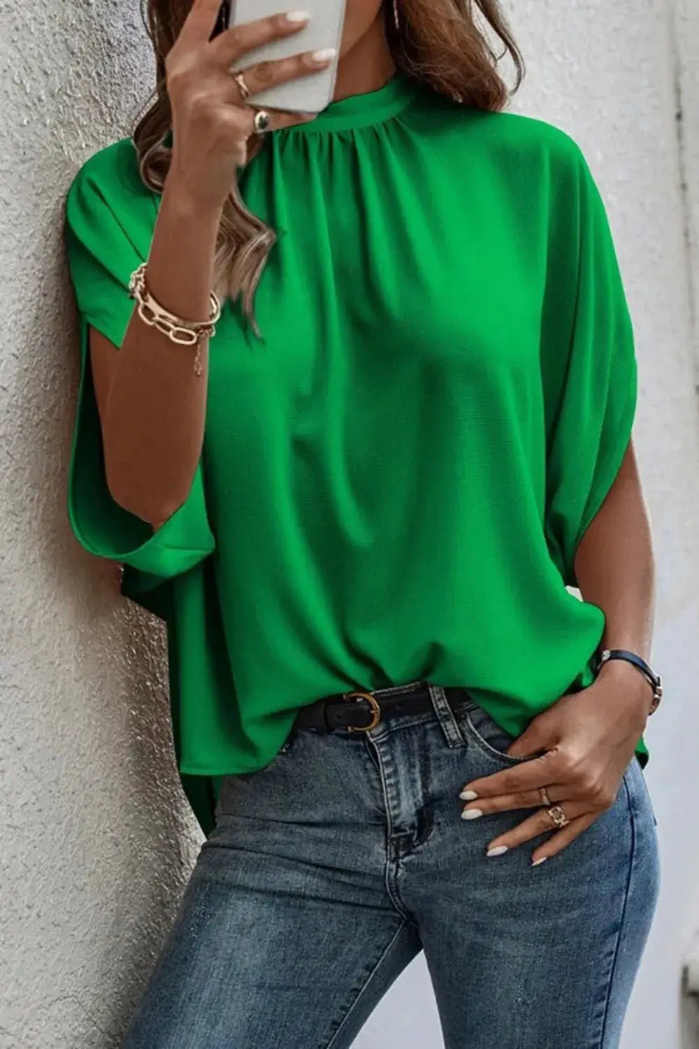 Emerald Green Tie Back Slit Half Sleeve Blouse 100 Percent Polyester - Fritsch & Co.