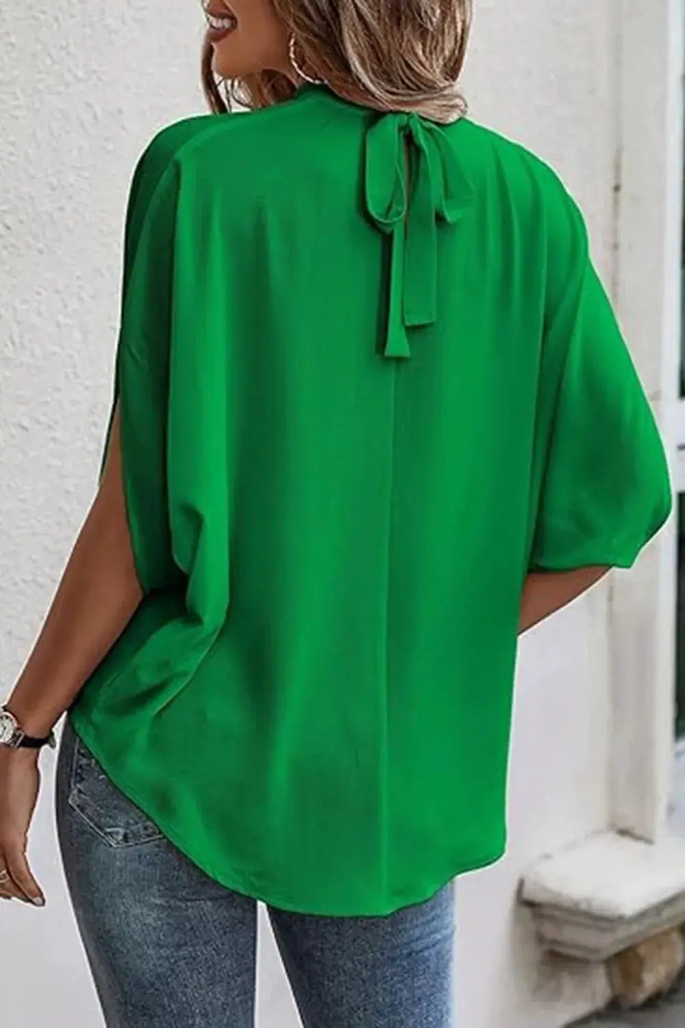 Emerald Green Tie Back Slit Half Sleeve Blouse 100 Percent Polyester - Fritsch & Co.