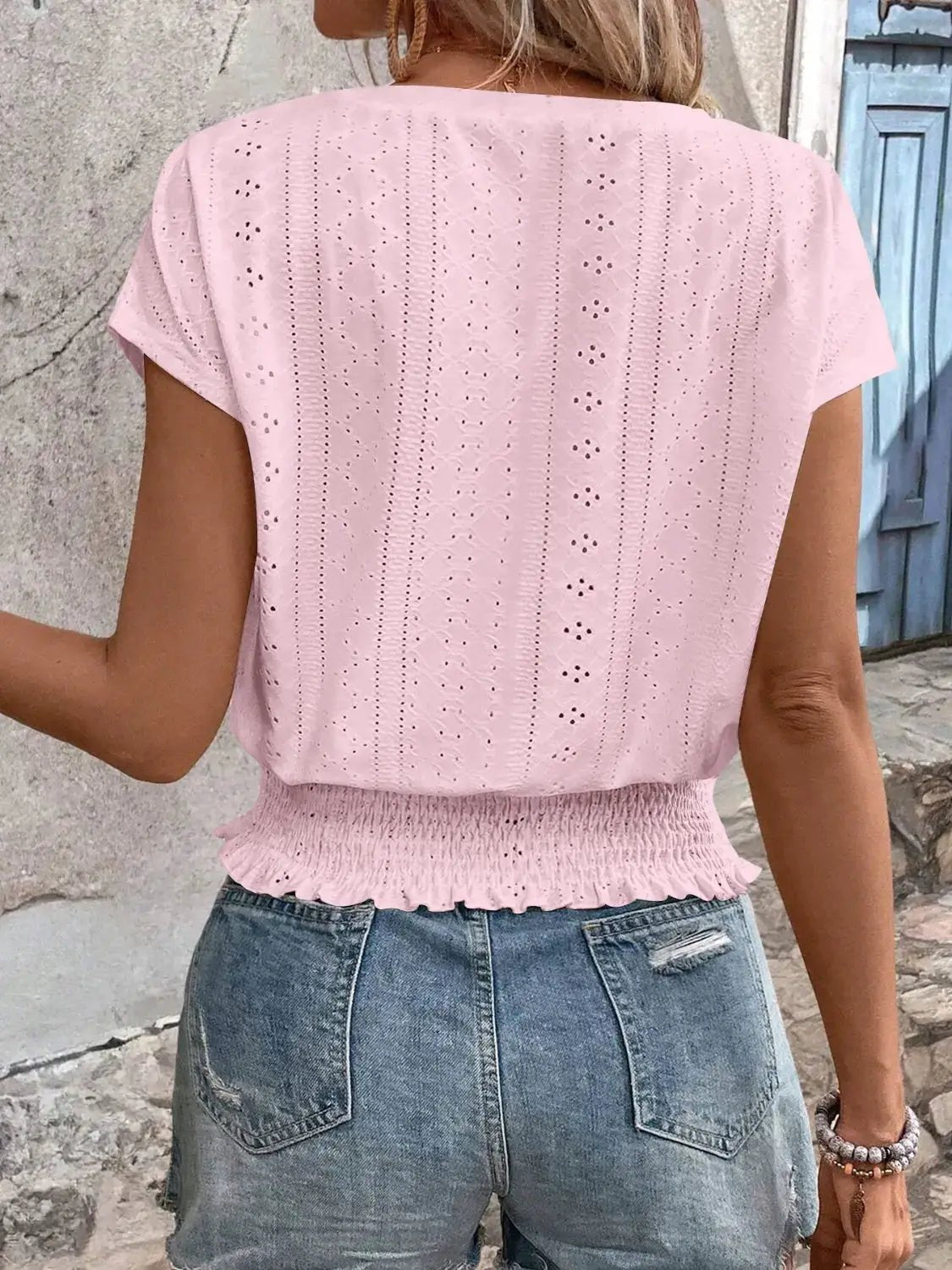 Eyelet Light Blue V Neck Short Sleeve Blouse With Smocked Hem - Fritsch & Co.