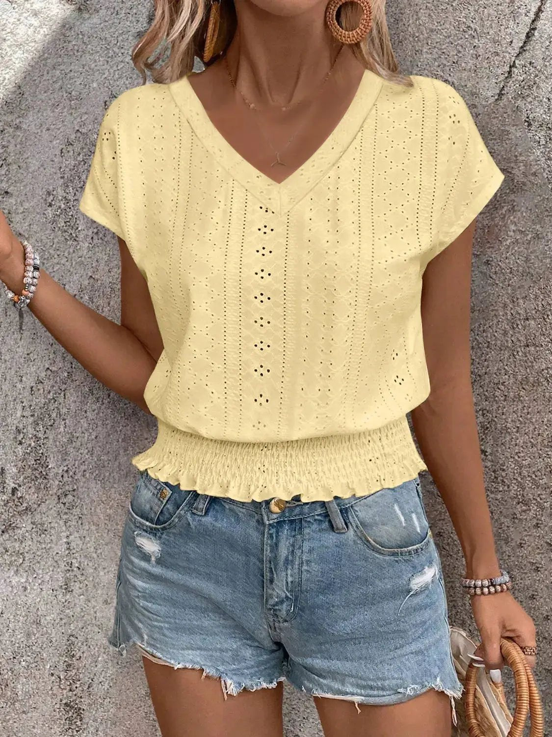 Eyelet Light Blue V Neck Short Sleeve Blouse With Smocked Hem - Fritsch & Co.