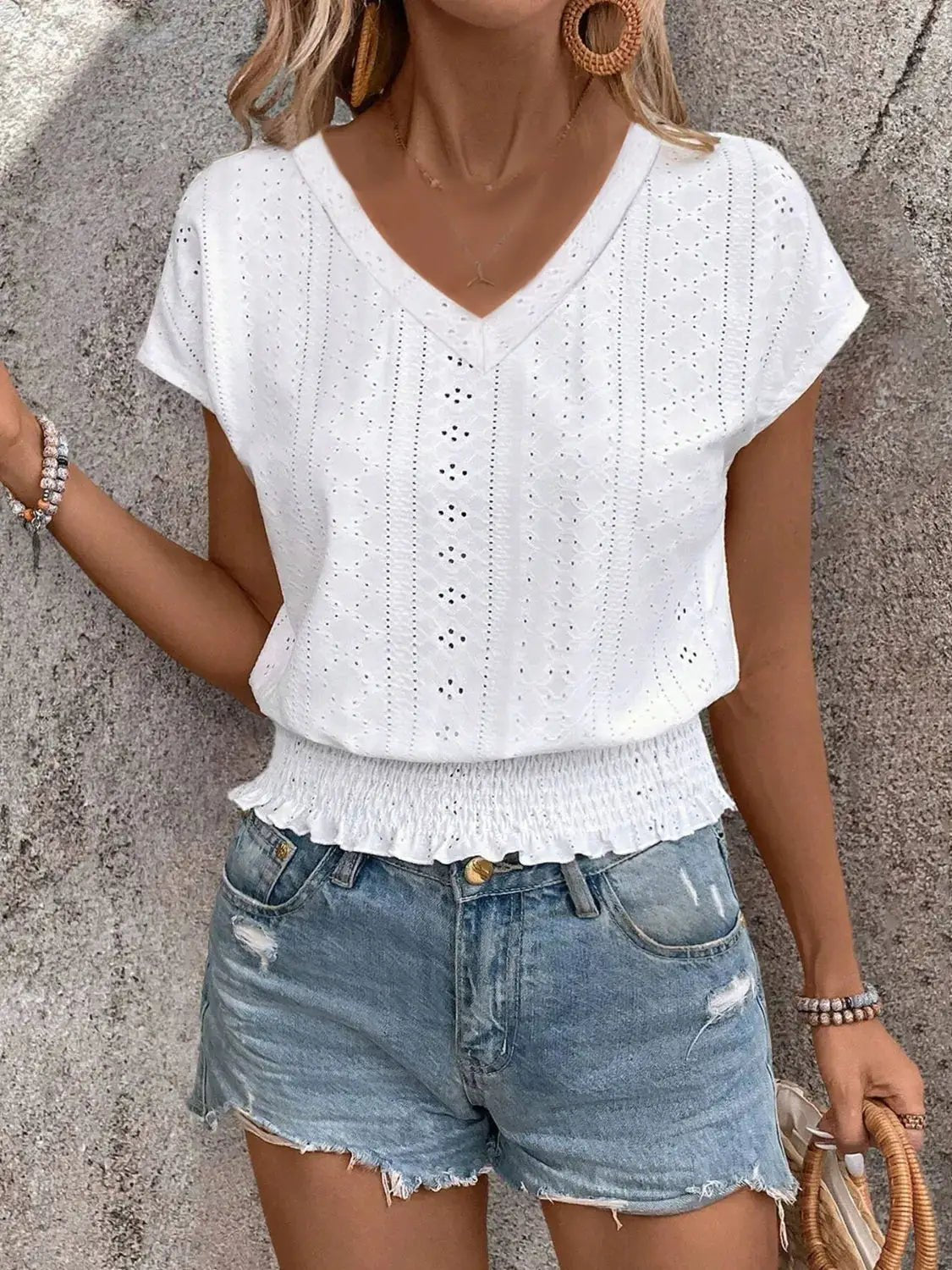 Eyelet Light Blue V Neck Short Sleeve Blouse With Smocked Hem - Fritsch & Co.