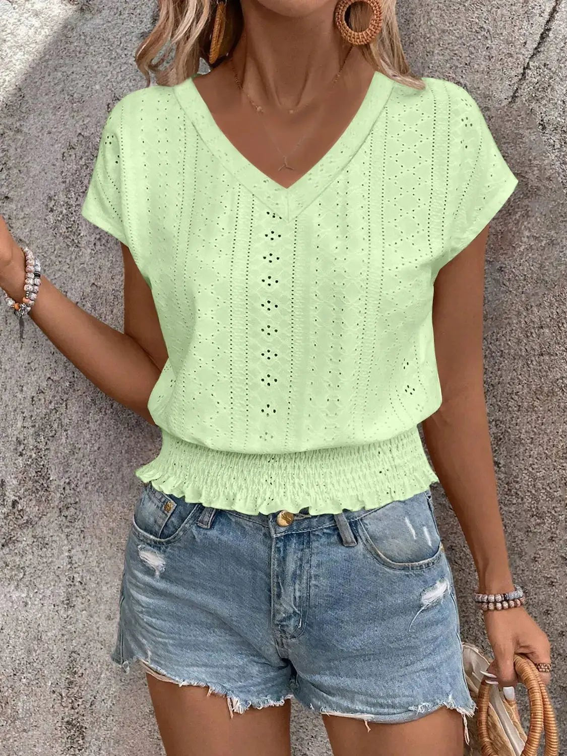 Eyelet Light Blue V Neck Short Sleeve Blouse With Smocked Hem - Fritsch & Co.
