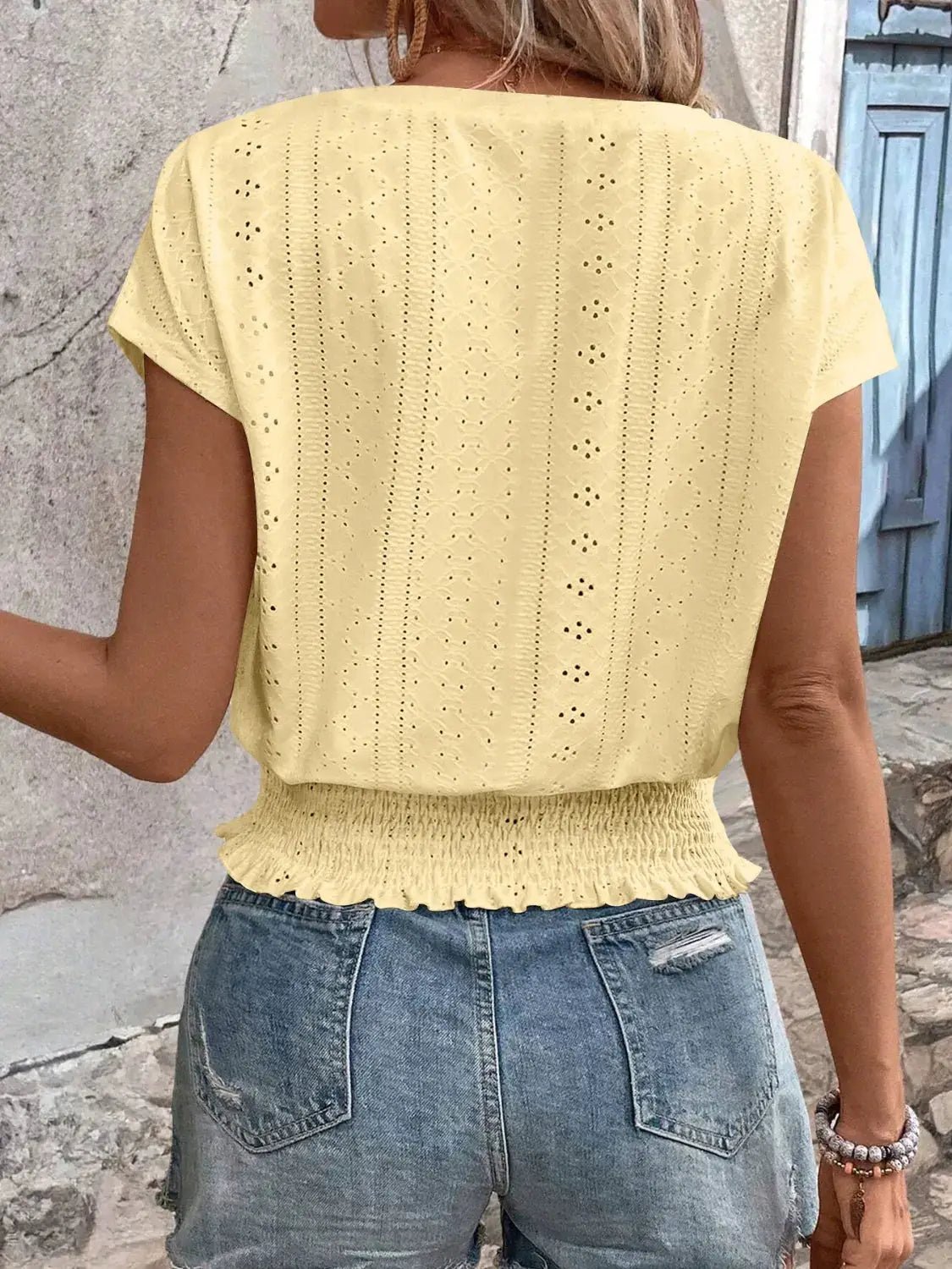 Eyelet Light Blue V Neck Short Sleeve Blouse With Smocked Hem - Fritsch & Co.
