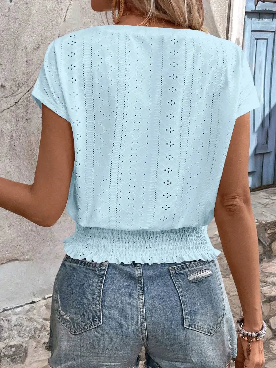 Eyelet Light Blue V Neck Short Sleeve Blouse With Smocked Hem - Fritsch & Co.
