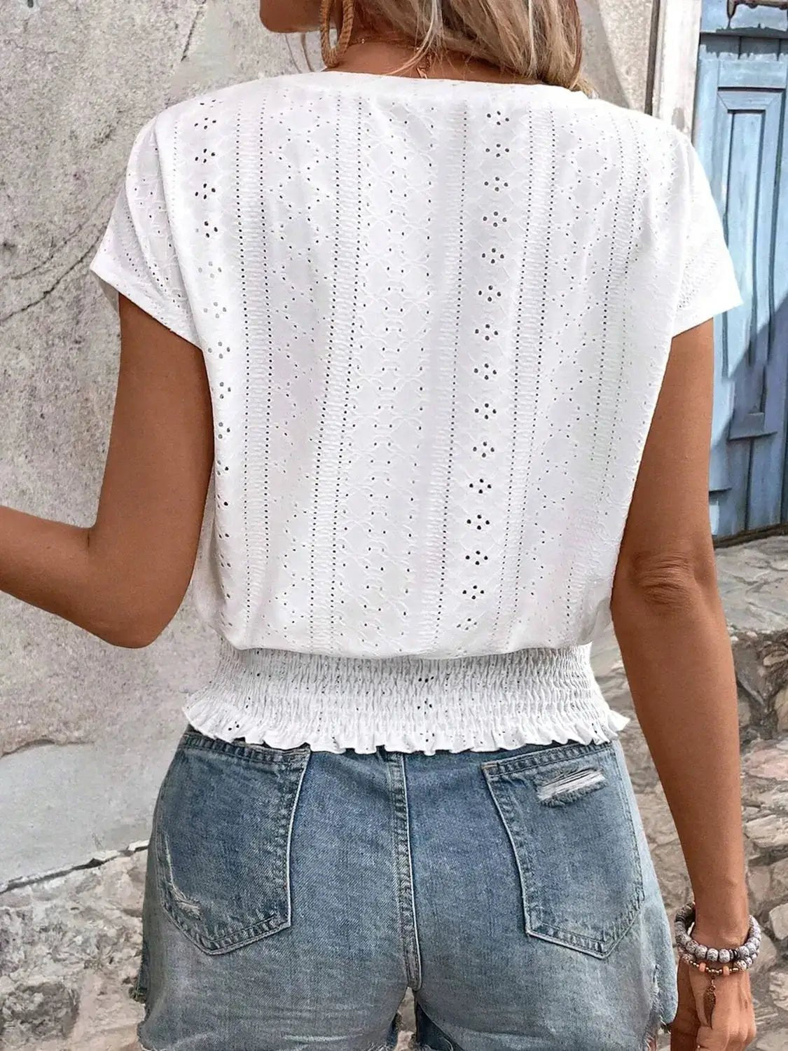 Eyelet Light Blue V Neck Short Sleeve Blouse With Smocked Hem - Fritsch & Co.