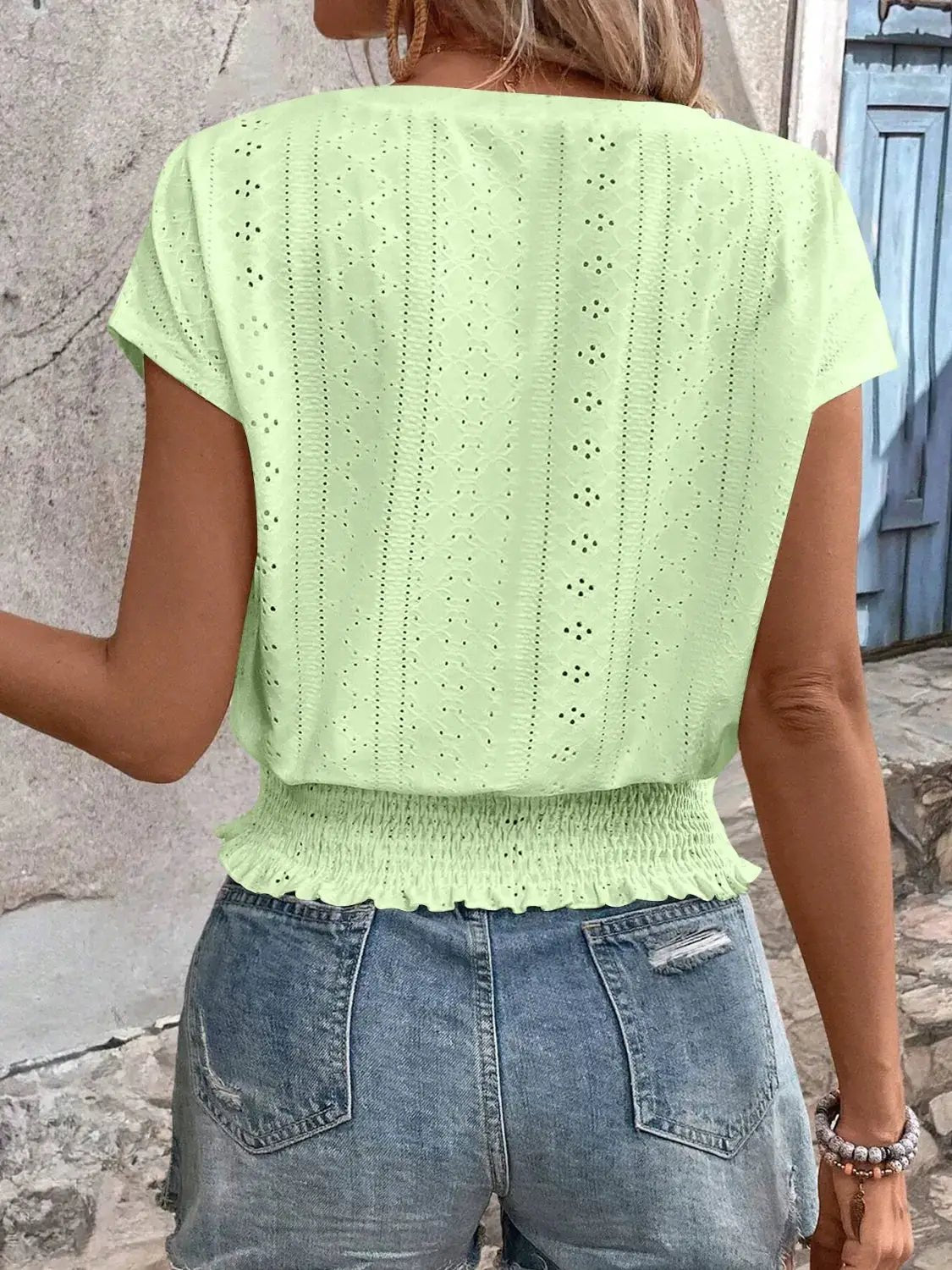 Eyelet Light Blue V Neck Short Sleeve Blouse With Smocked Hem - Fritsch & Co.