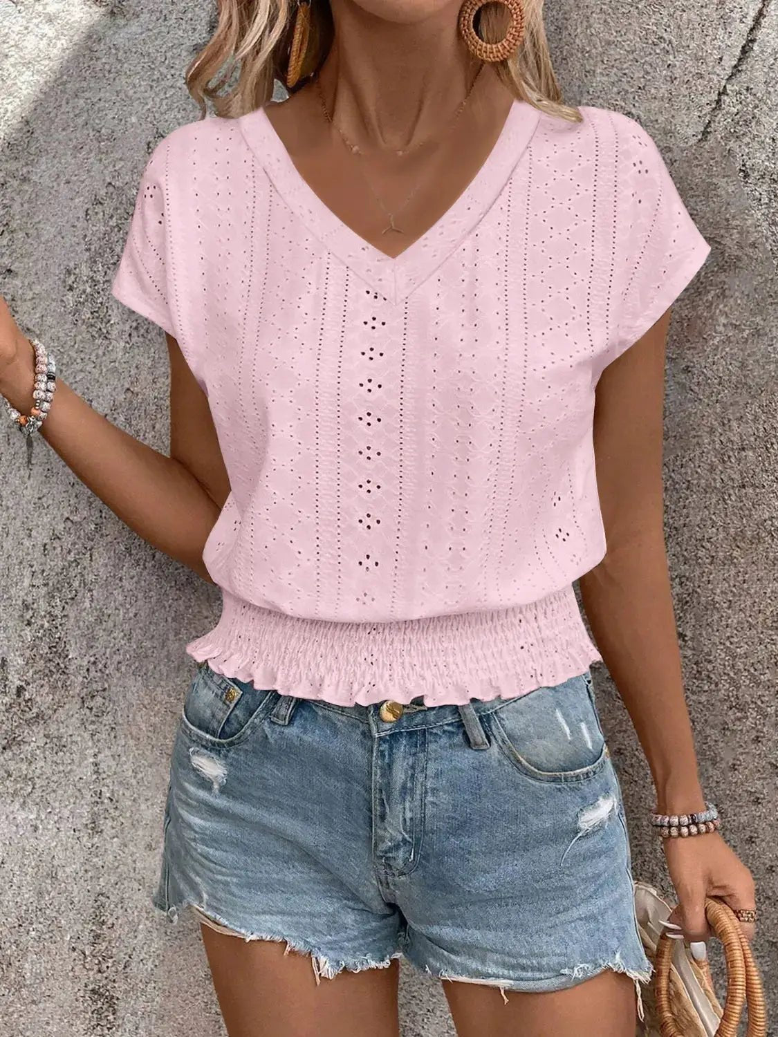 Eyelet Light Blue V Neck Short Sleeve Blouse With Smocked Hem - Fritsch & Co.