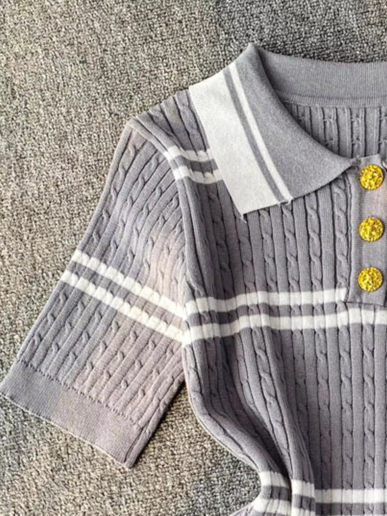 Striped Knit Polo Collar Top by Trendsi