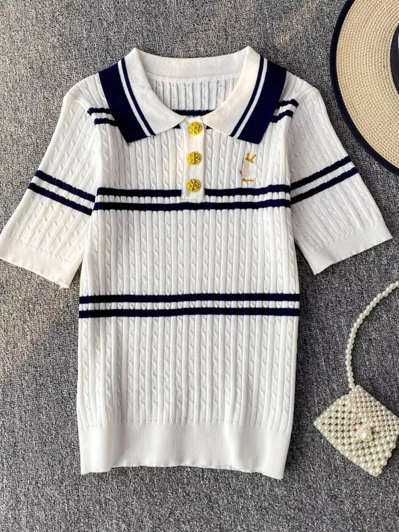 Striped Knit Polo Collar Top by Trendsi