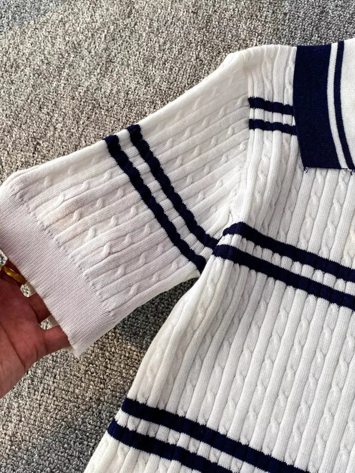 Striped Knit Polo Collar Top by Trendsi
