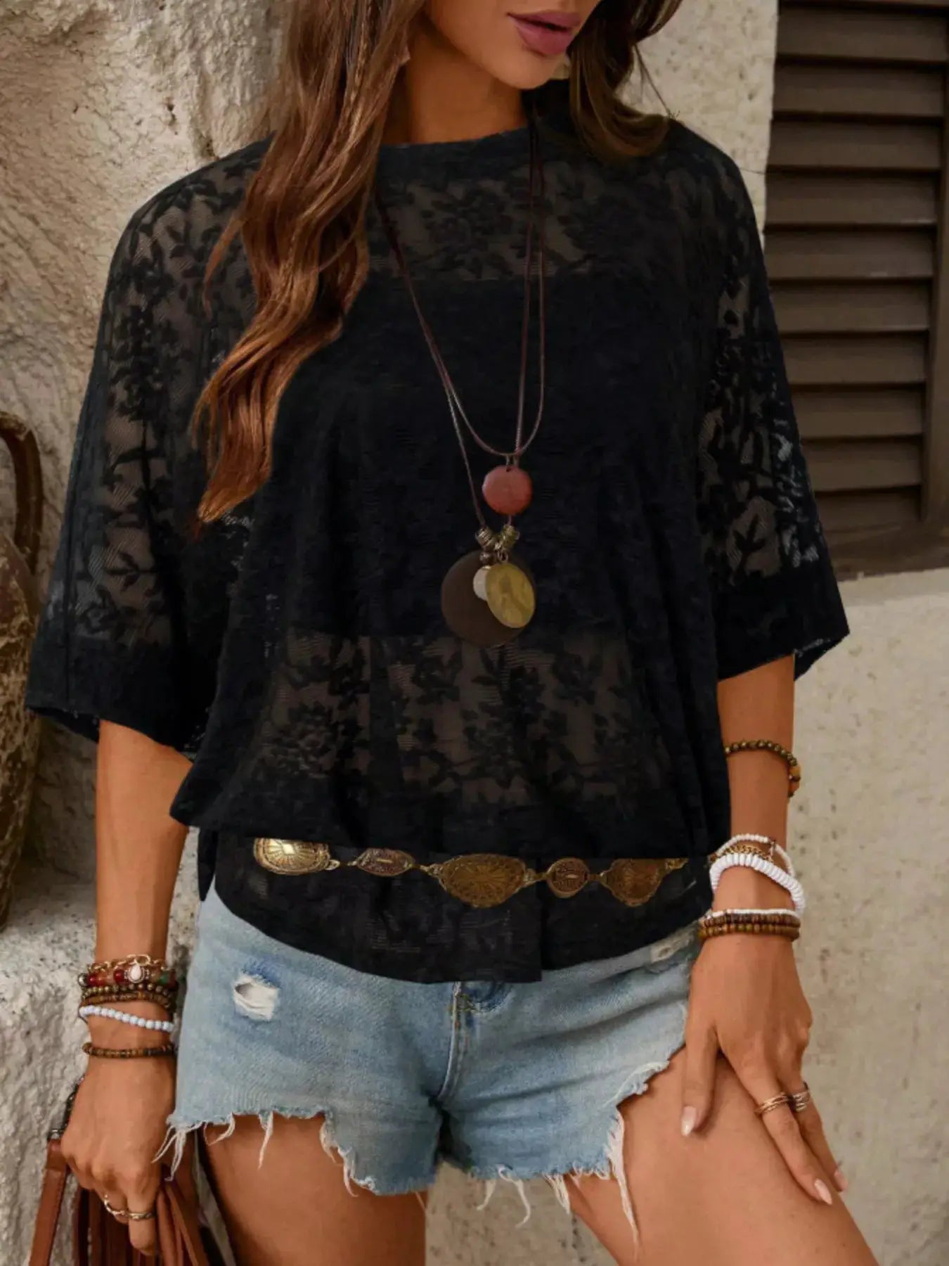 Floral Lace Sheer Round Neck Top - Fritsch & Co.