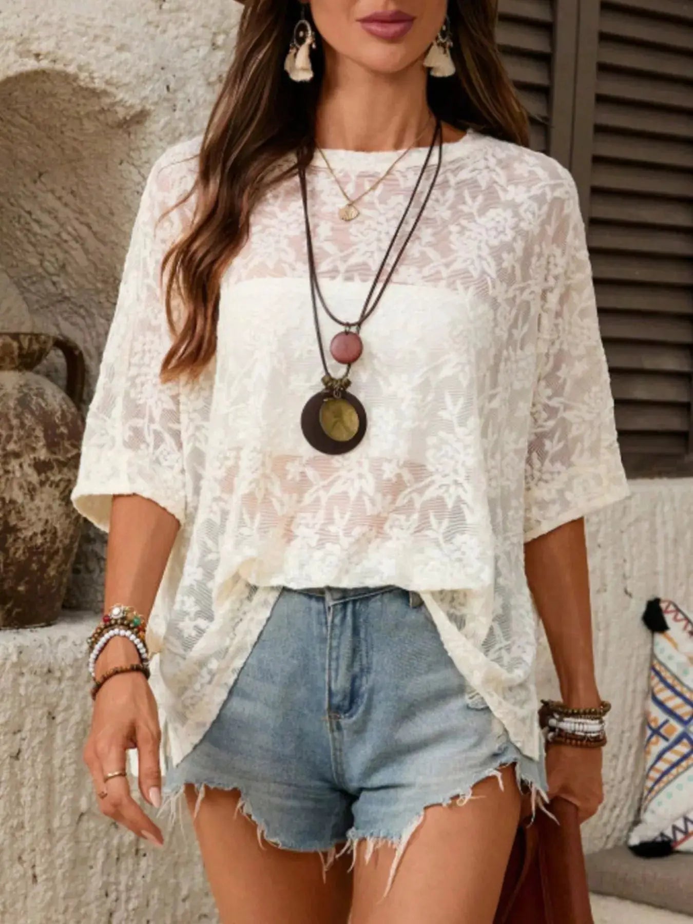 Floral Lace Sheer Round Neck Top - Fritsch & Co.