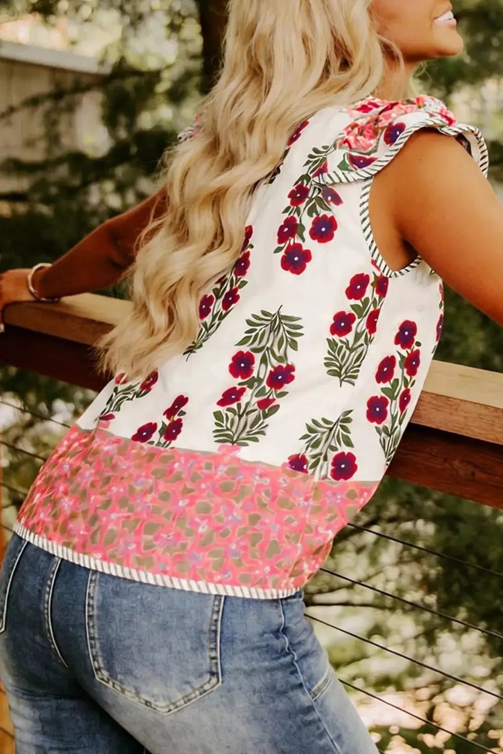 Floral Print Flutter Sleeve Cotton Blouse With Pink Trim - Fritsch & Co.
