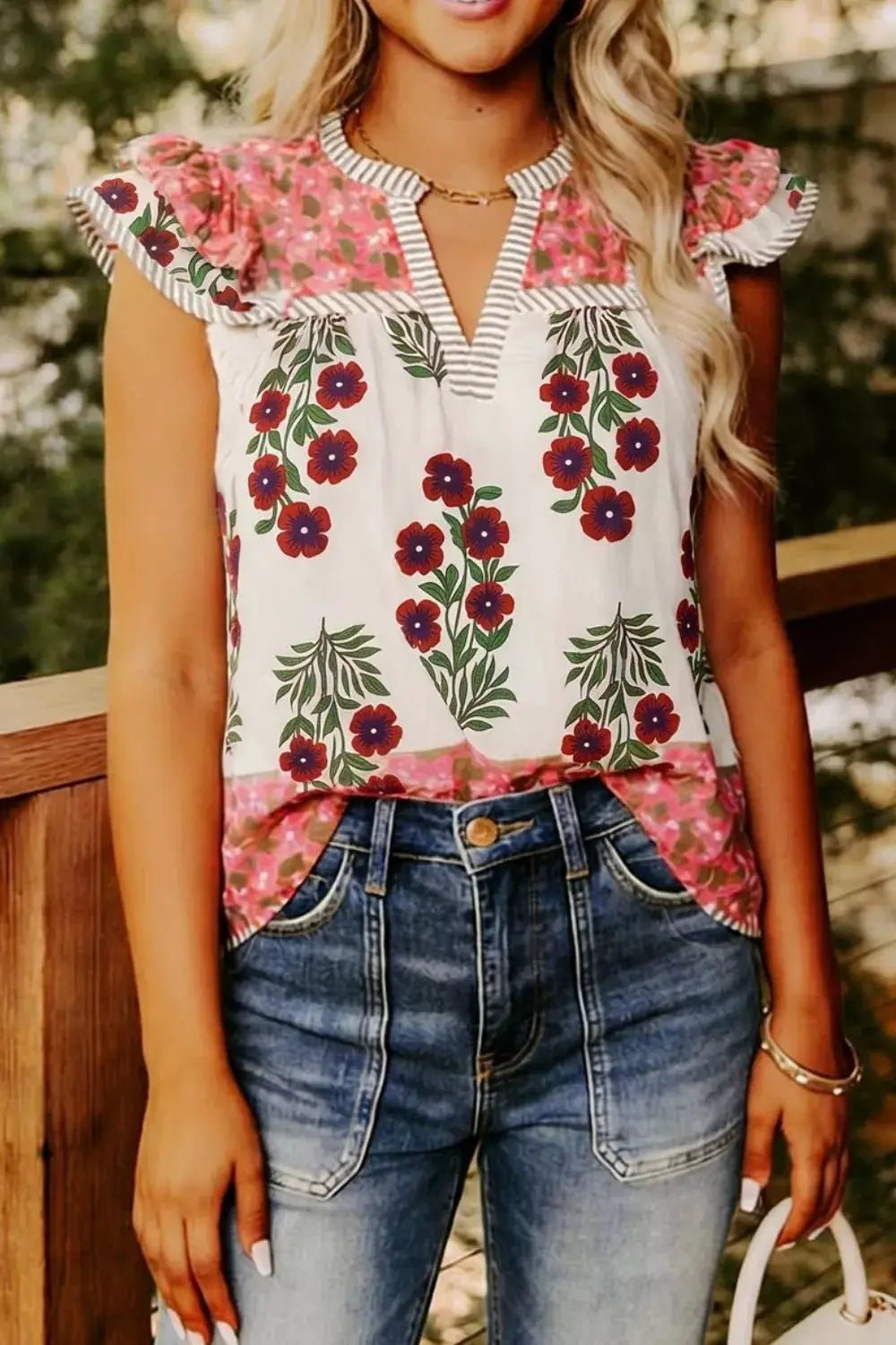 Floral Print Flutter Sleeve Cotton Blouse With Pink Trim - Fritsch & Co.
