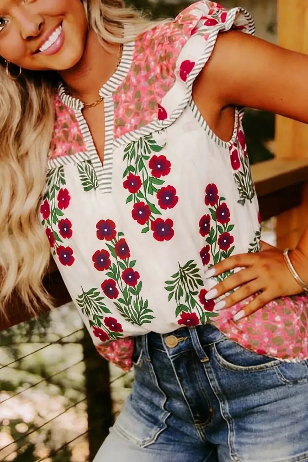 Floral Print Flutter Sleeve Cotton Blouse With Pink Trim - Fritsch & Co.