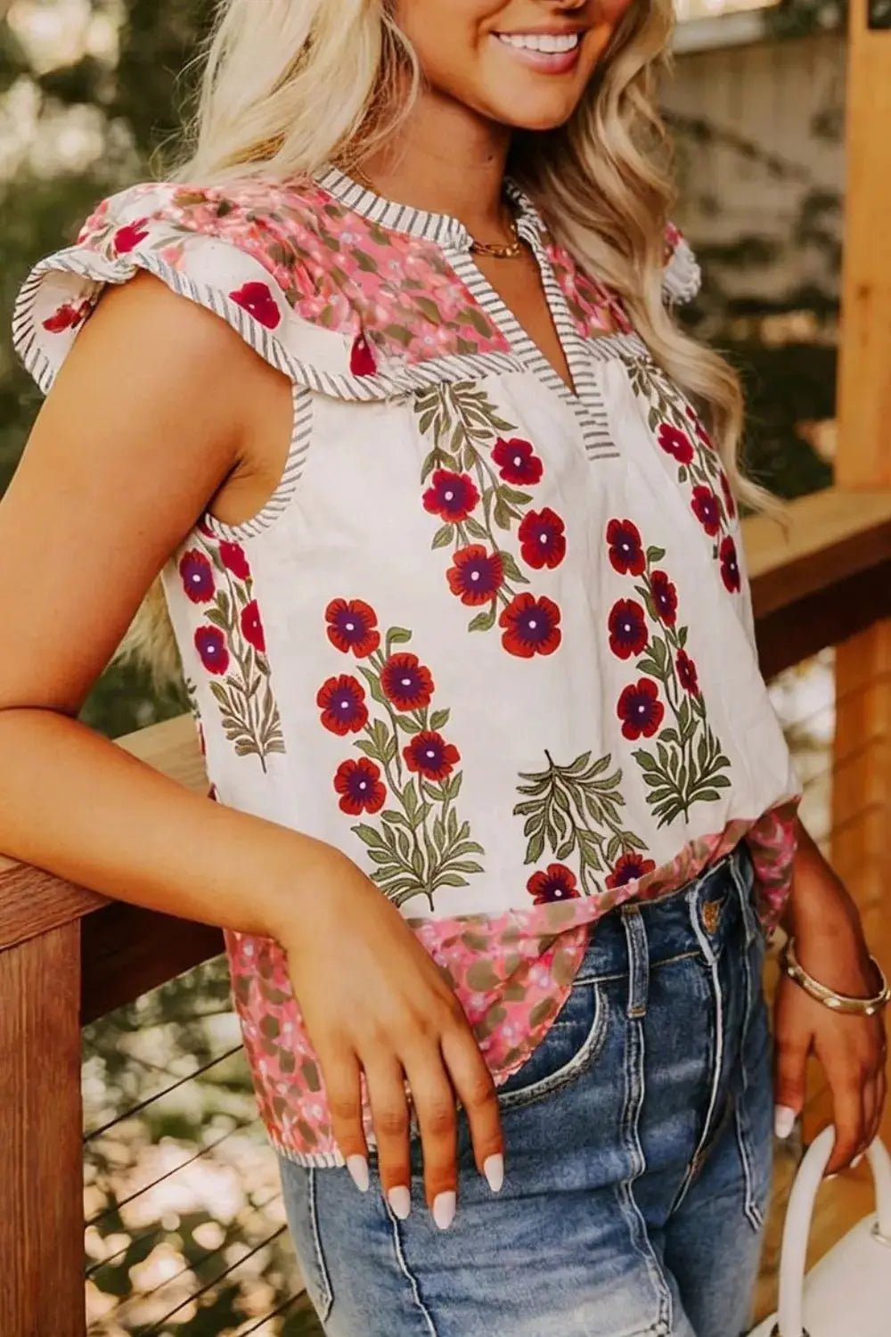 Floral Print Flutter Sleeve Cotton Blouse With Pink Trim - Fritsch & Co.