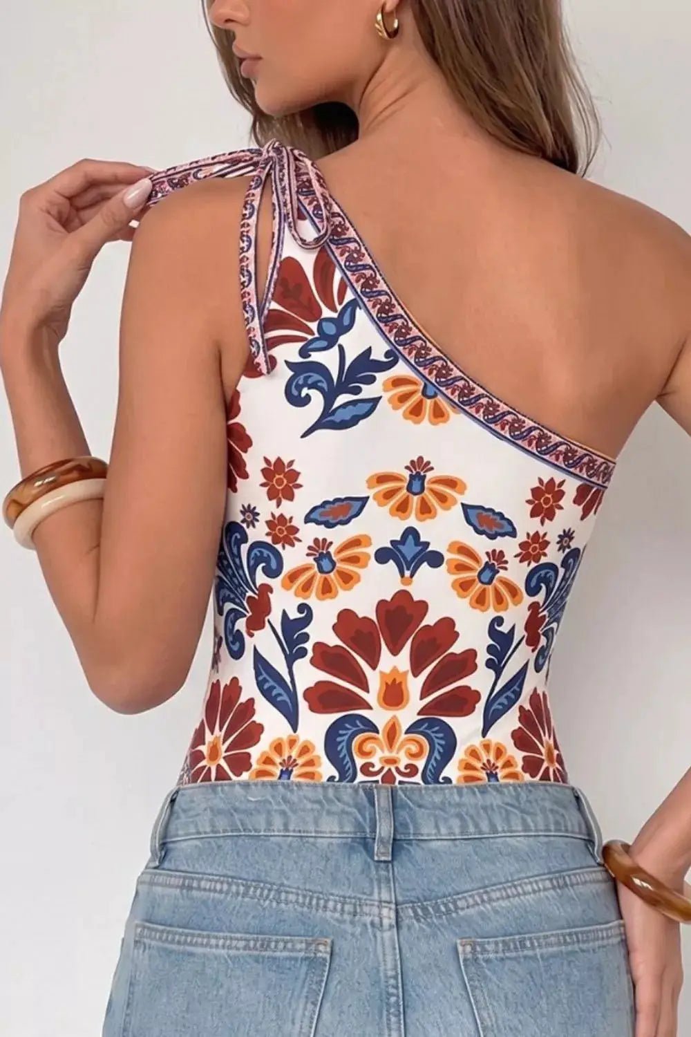 Floral Print One Shoulder Tie Bodysuit With Adjustable Strap - Fritsch & Co.