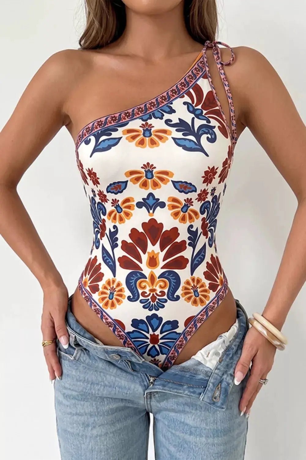 Floral Print One Shoulder Tie Bodysuit With Adjustable Strap - Fritsch & Co.