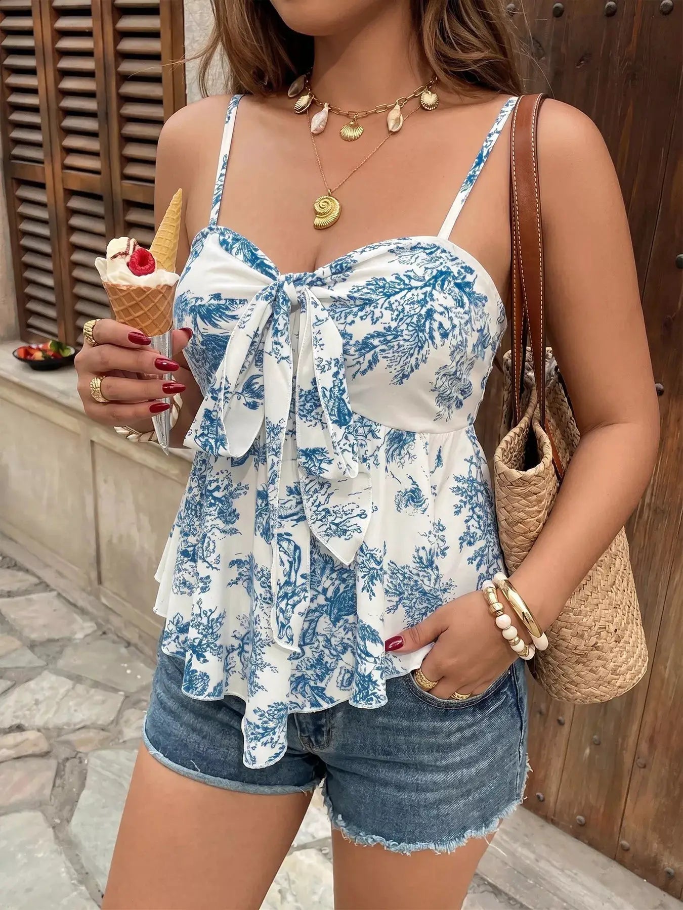 Floral Print Tie Front Cami Top With Ruffle Hem Summer - Fritsch & Co.