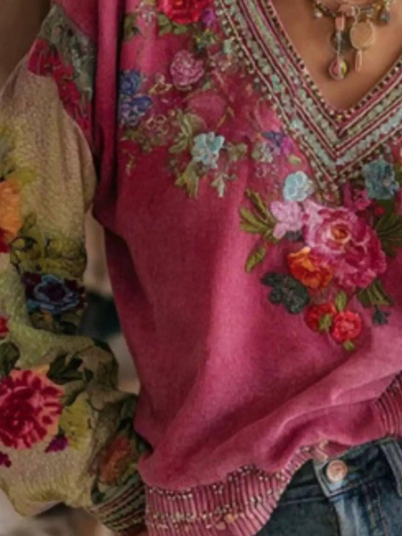 Full Size Floral V - Neck Blouse Plus Size - Fritsch & Co.