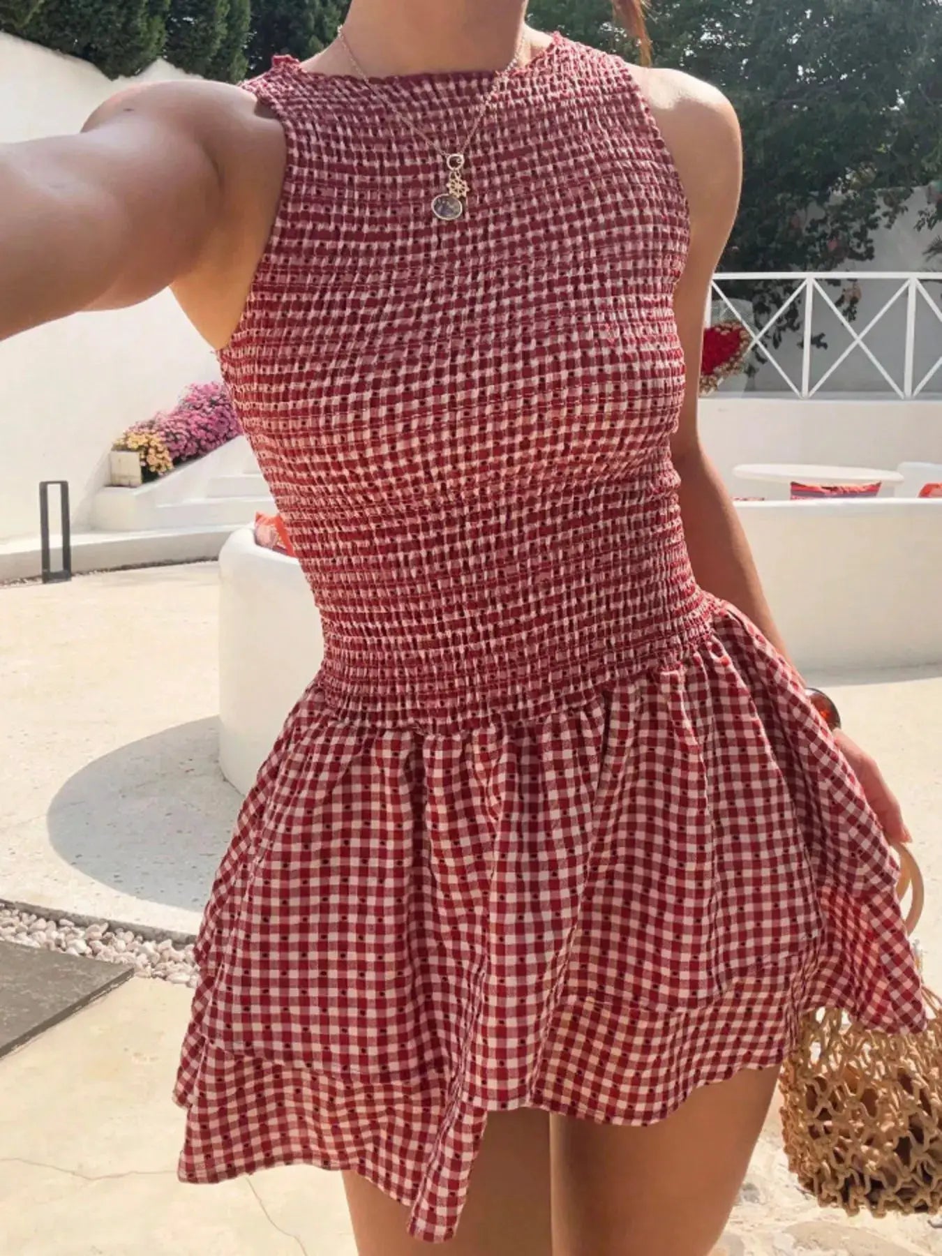 Gingham Smocked Mini Dress with Ruffle Details Red Check - Fritsch & Co.