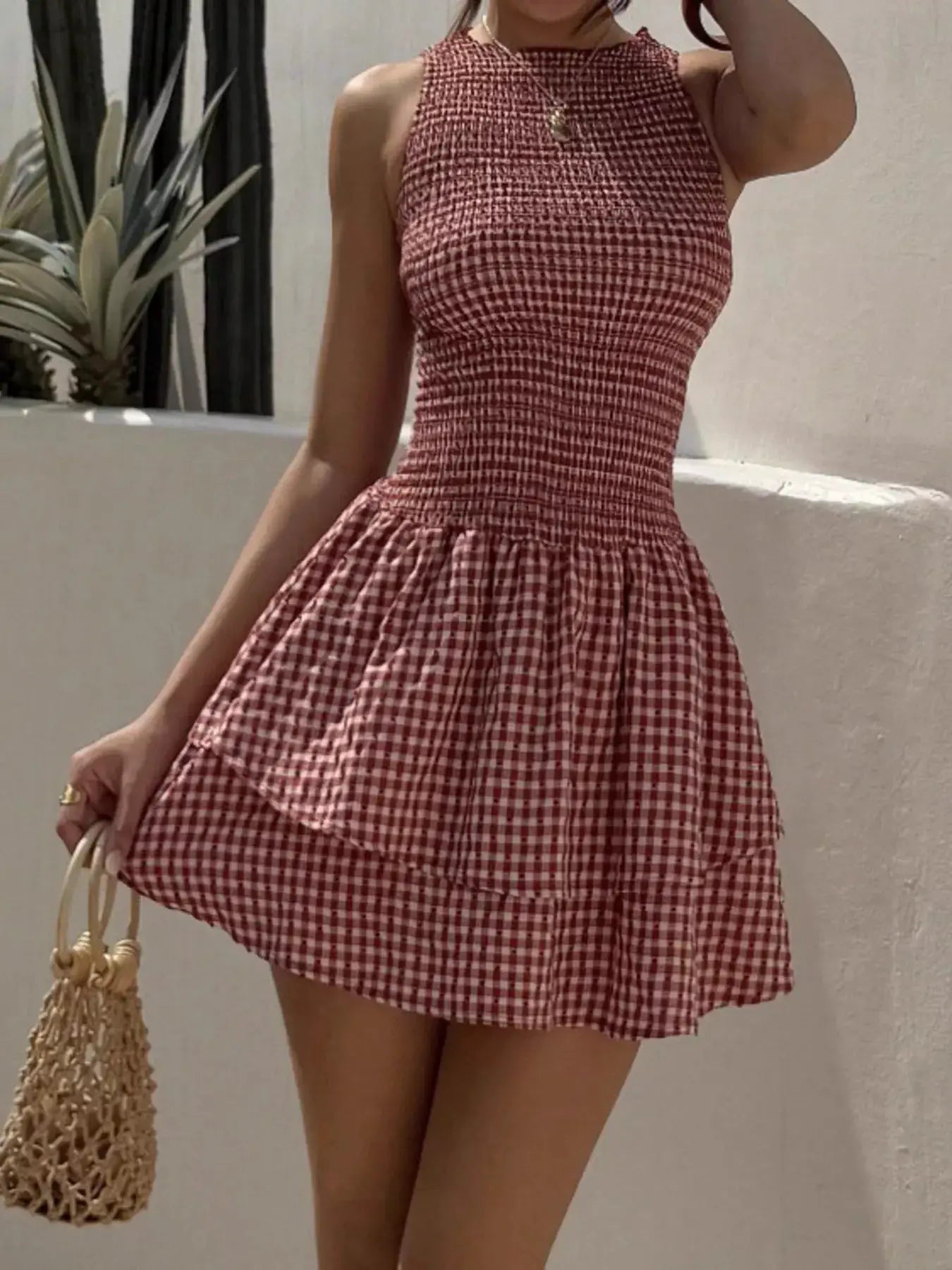 Gingham Smocked Mini Dress with Ruffle Details Red Check - Fritsch & Co.