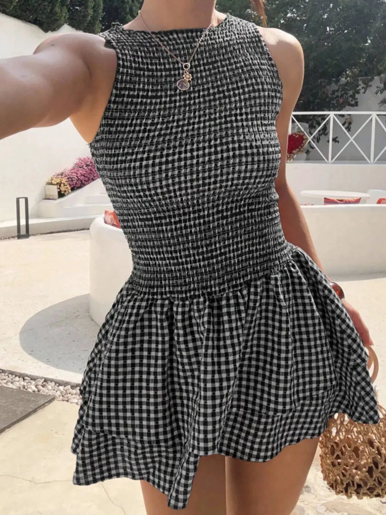 Gingham Smocked Mini Dress with Ruffle Details Red Check - Fritsch & Co.