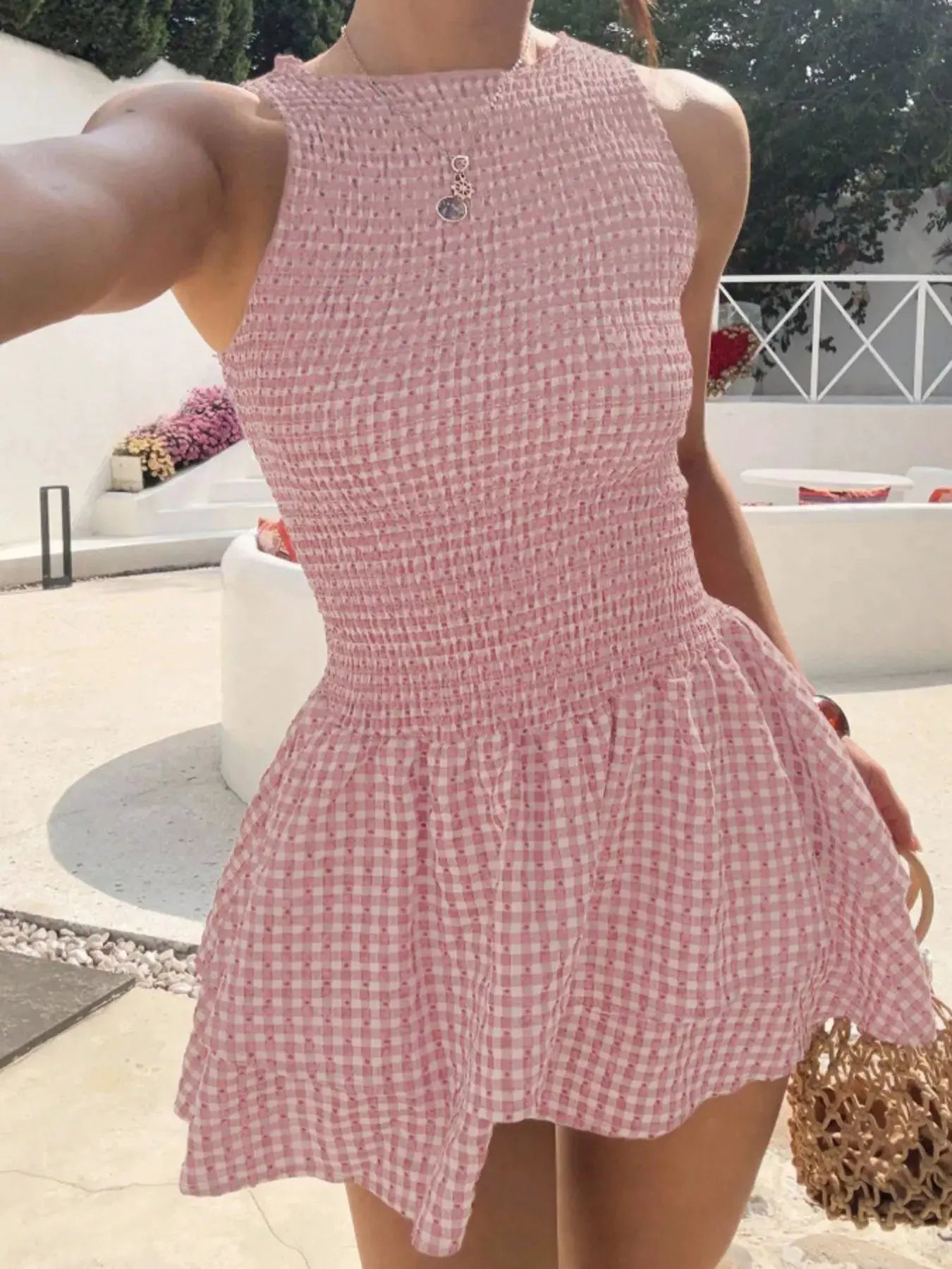 Gingham Smocked Mini Dress with Ruffle Details Red Check - Fritsch & Co.