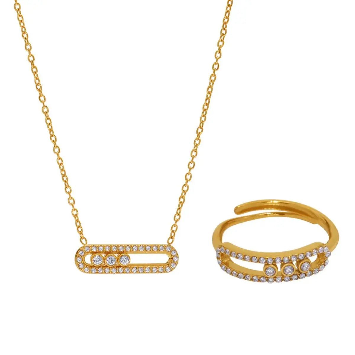 Gold Plated Crystal Bar Necklace And Ring Jewelry Set - Fritsch & Co.
