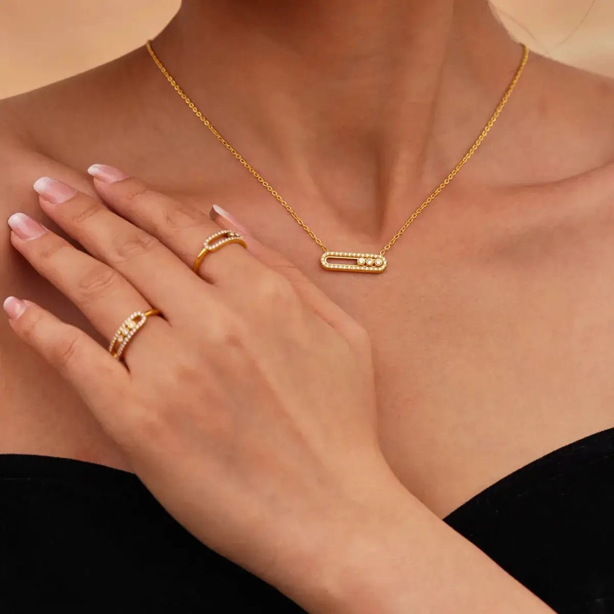 Gold Plated Crystal Bar Necklace And Ring Jewelry Set - Fritsch & Co.