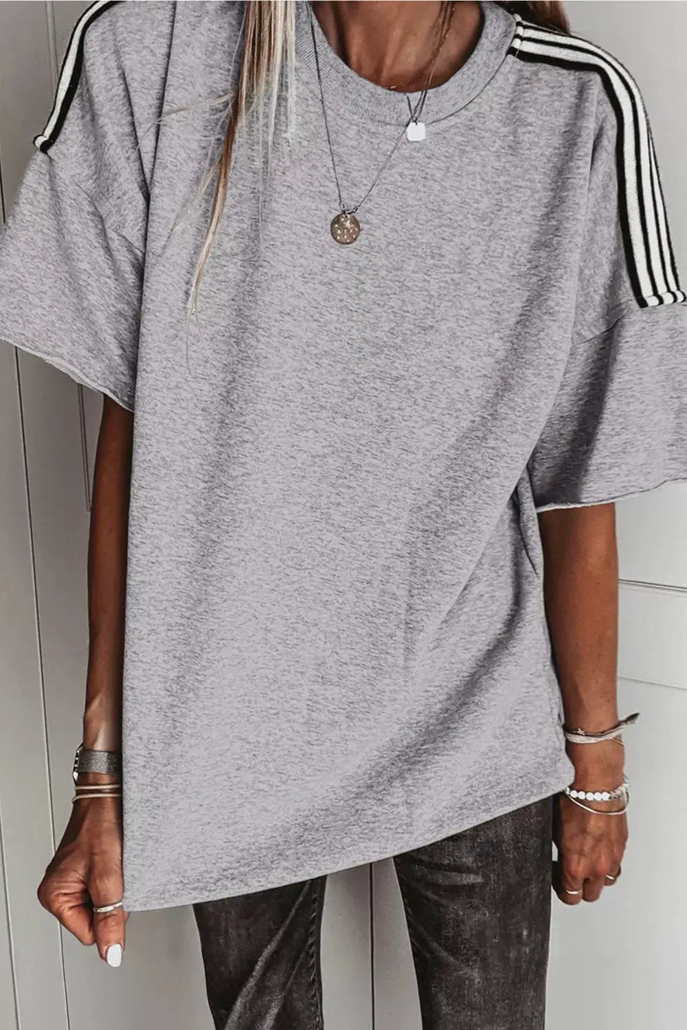 Gray Striped Shoulder Detail Relaxed Fit T Shirt For Women - Fritsch & Co.