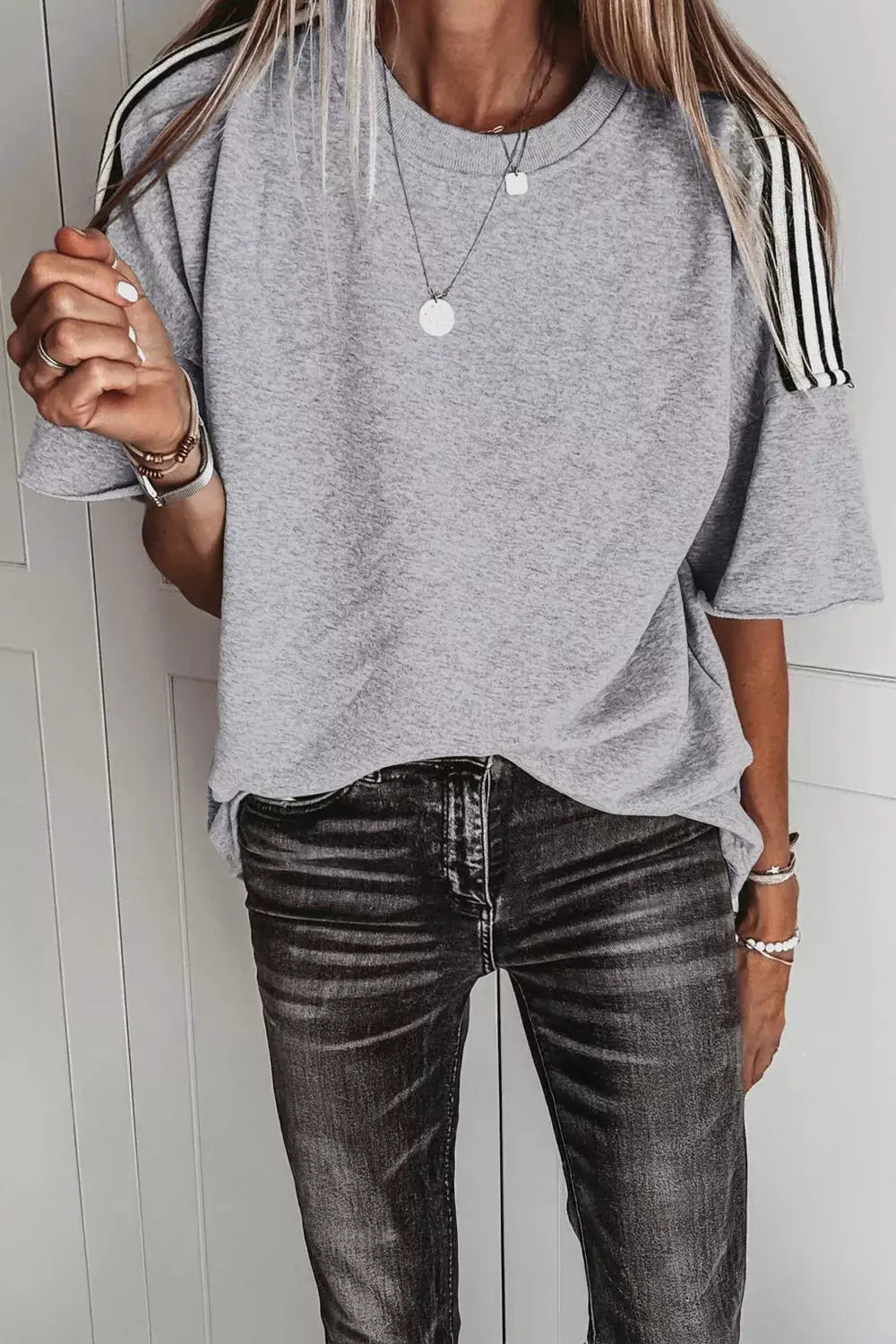 Gray Striped Shoulder Detail Relaxed Fit T Shirt For Women - Fritsch & Co.