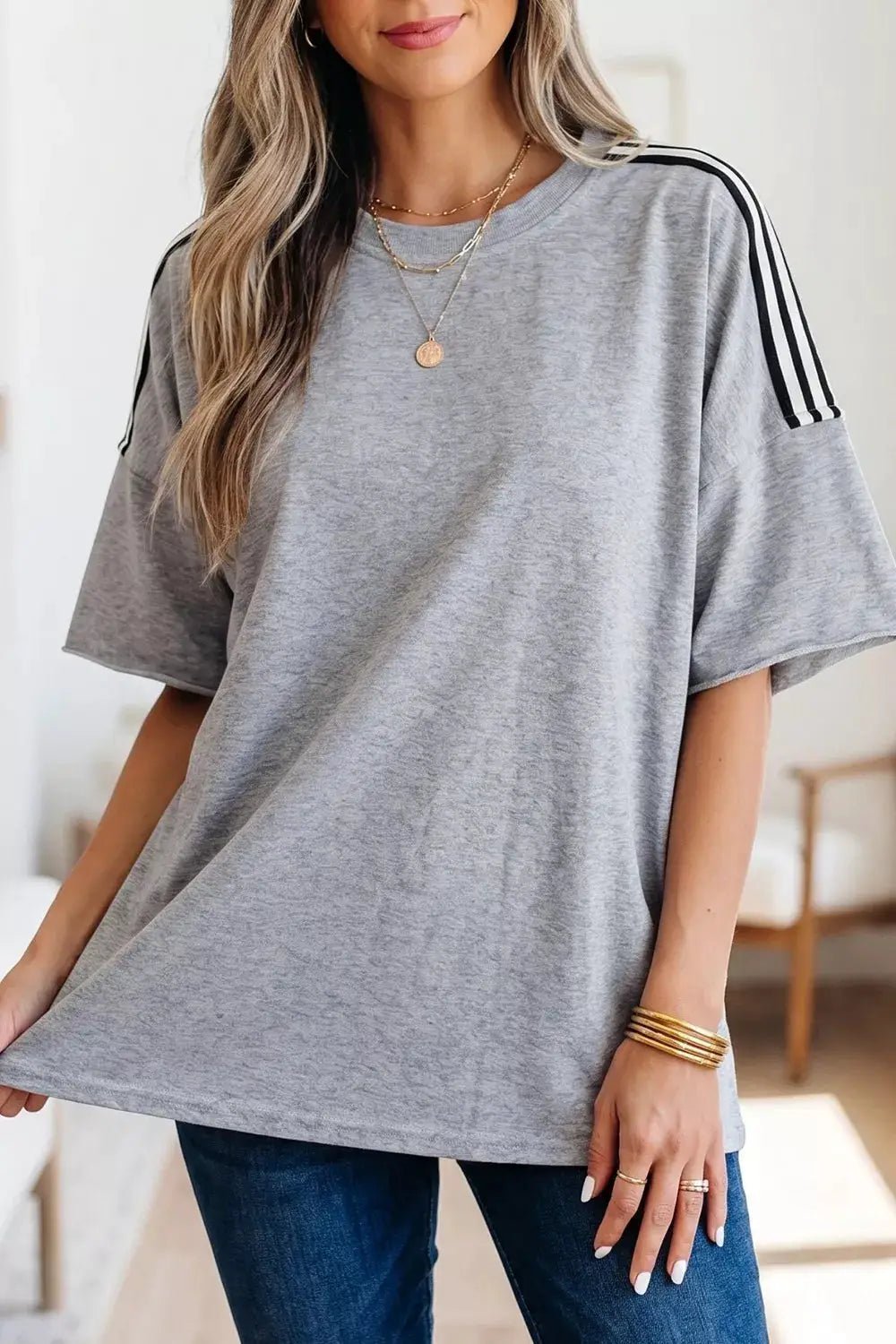 Gray Striped Shoulder Detail Relaxed Fit T Shirt For Women - Fritsch & Co.