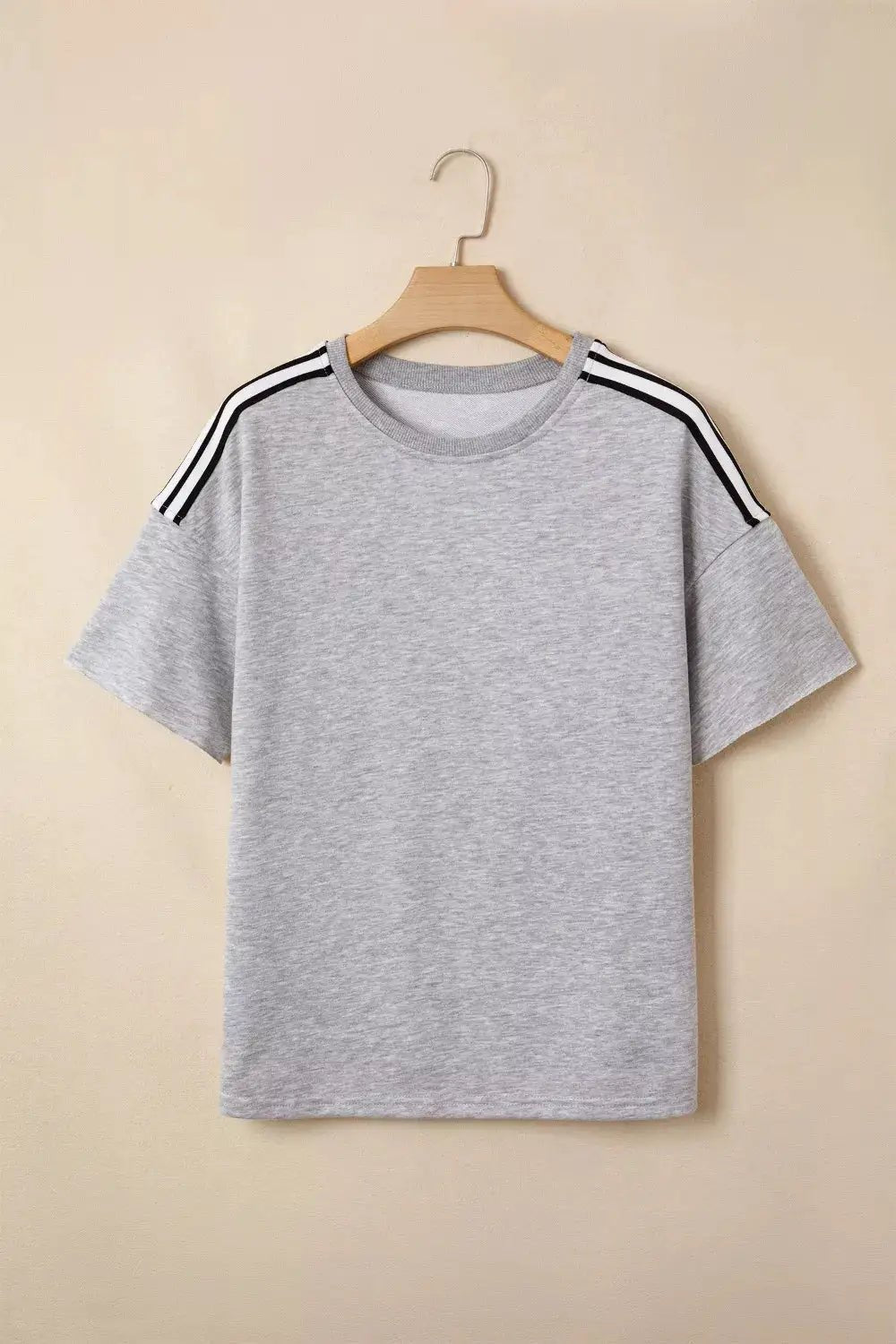 Gray Striped Shoulder Detail Relaxed Fit T Shirt For Women - Fritsch & Co.